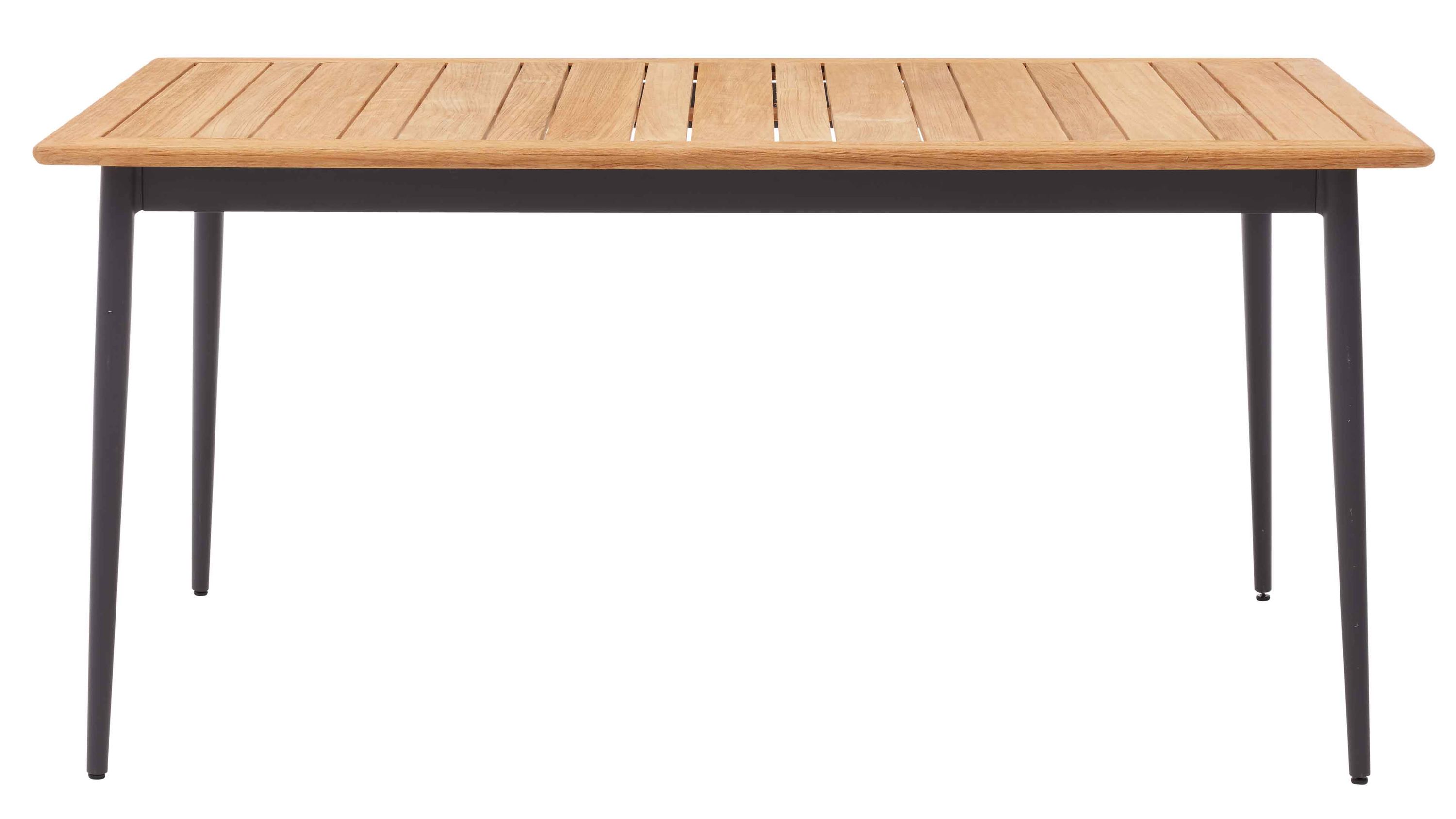 Rechteckiger Gartentisch mit Holzplatte und vier schwarzen Metallbeinen