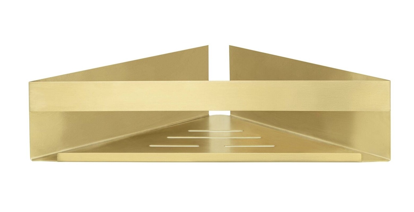 Frontalansicht einer dreieckigen Wand-Eckablage mit matt-goldener Oberfläche, montiert in einer Raumecke