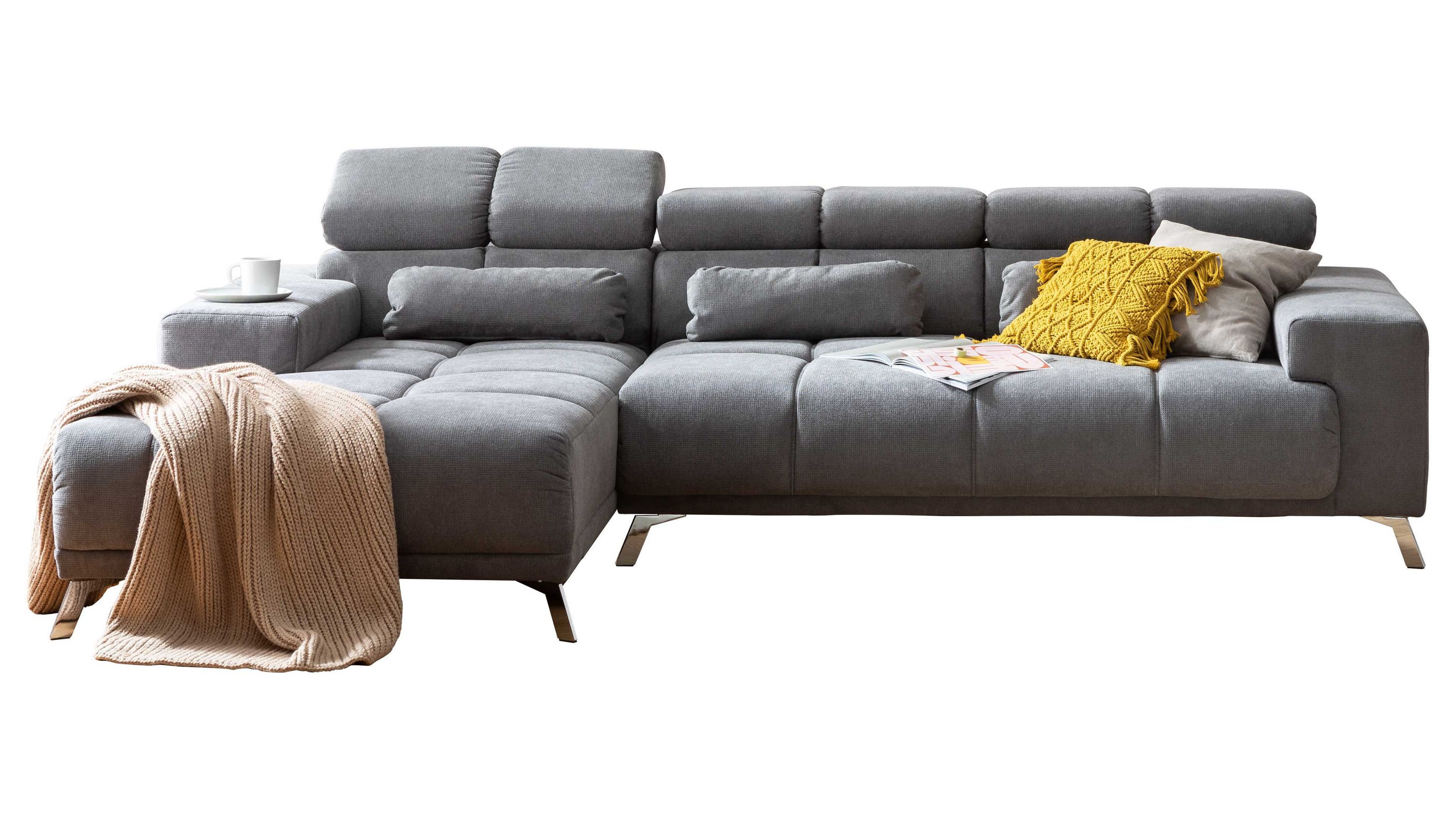 Ecksofa mit linksseitiger Ottomane in steingrau mit verstellbaren Rückenlehnen und Metallfüßen