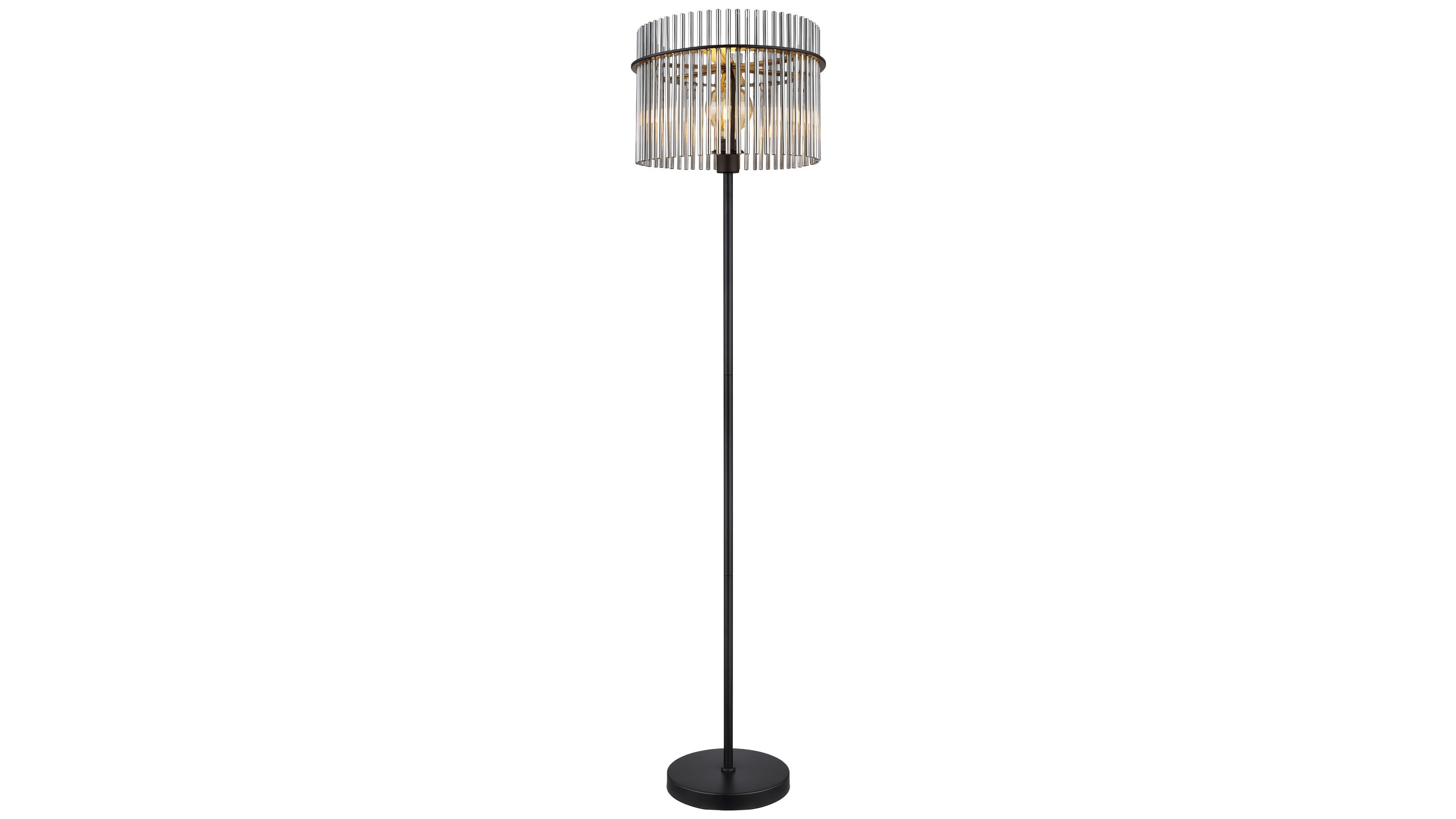 Stehleuchte mit rundem Glaslampenschirm und Metallfuß Stehleuchte mit rundem rauchfarbenem Glaslampenschirm und schwarzem Metallfuß