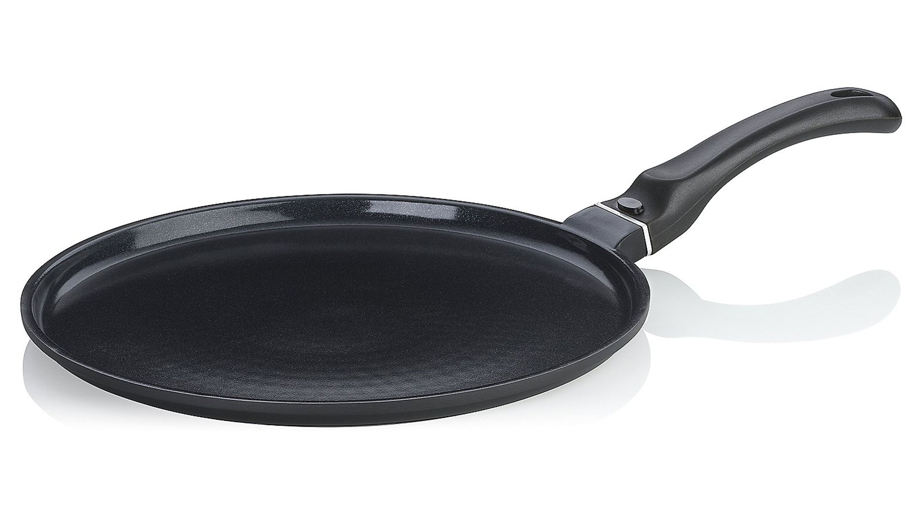 Crepepfanne rund schwarz mit langem Griff Schwarze runde Crepepfanne mit flachem Boden und langem Griff