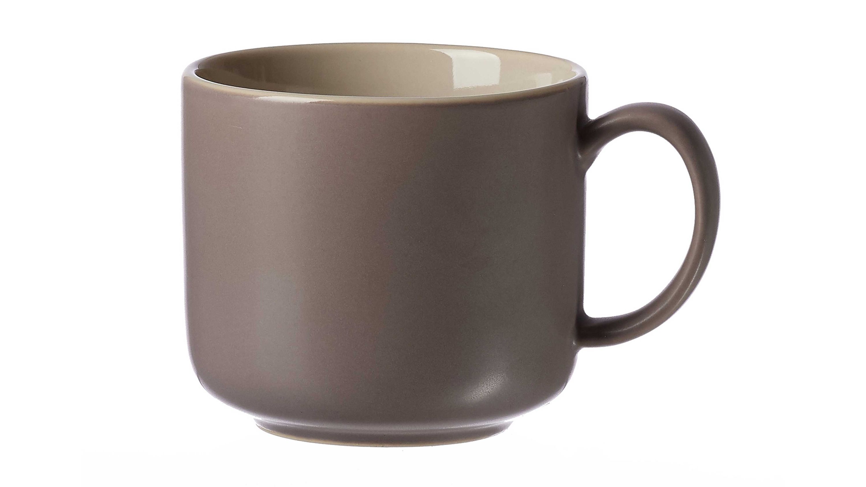 Kaffeetasse mit rundem Henkel in taupefarben außen und weiß innen