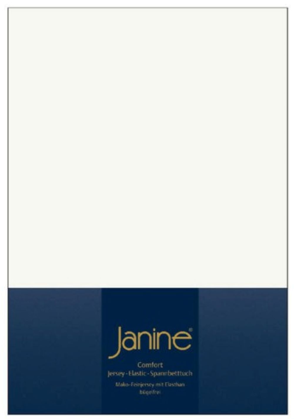 Cremeweißes Janine Jersey-Elastik-Spannbettlaken, Verpackung mit Janine-Logo und blauer Banderole frontal