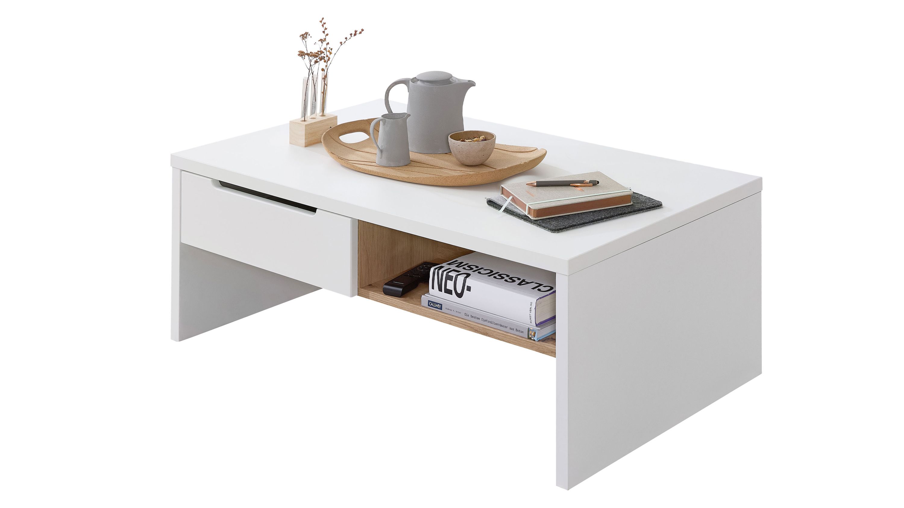 Rechteckiger Couchtisch mit weißer Oberfläche und offenem Fach in Holzoptik eine Schublade links