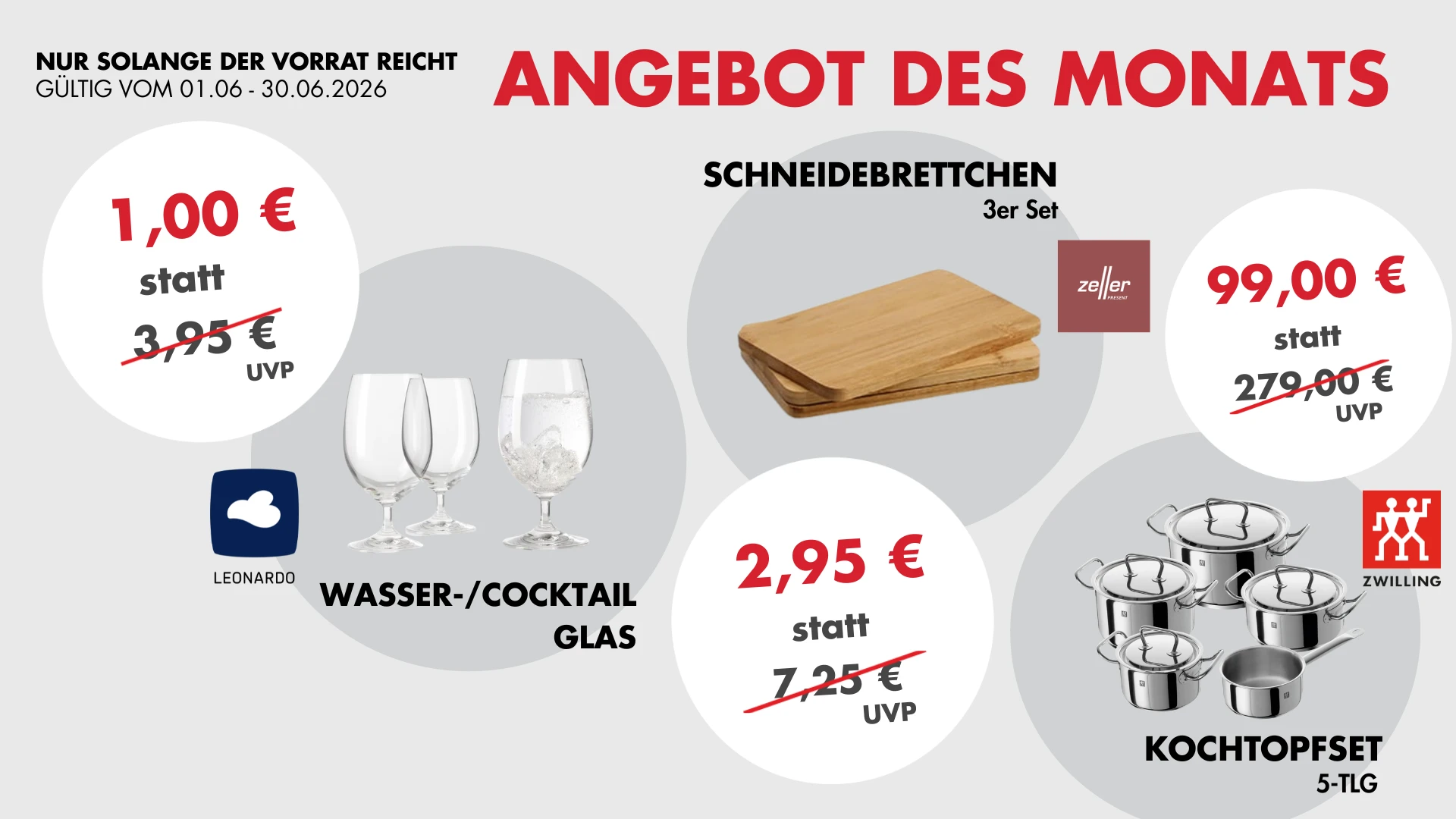 Angebotsgrafik „Angebot des Monats“ mit Leonardo Wasser-/Cocktailglas, Schneidebrettchen und Kochtopfset, jeweils mit reduzierten Preisen.