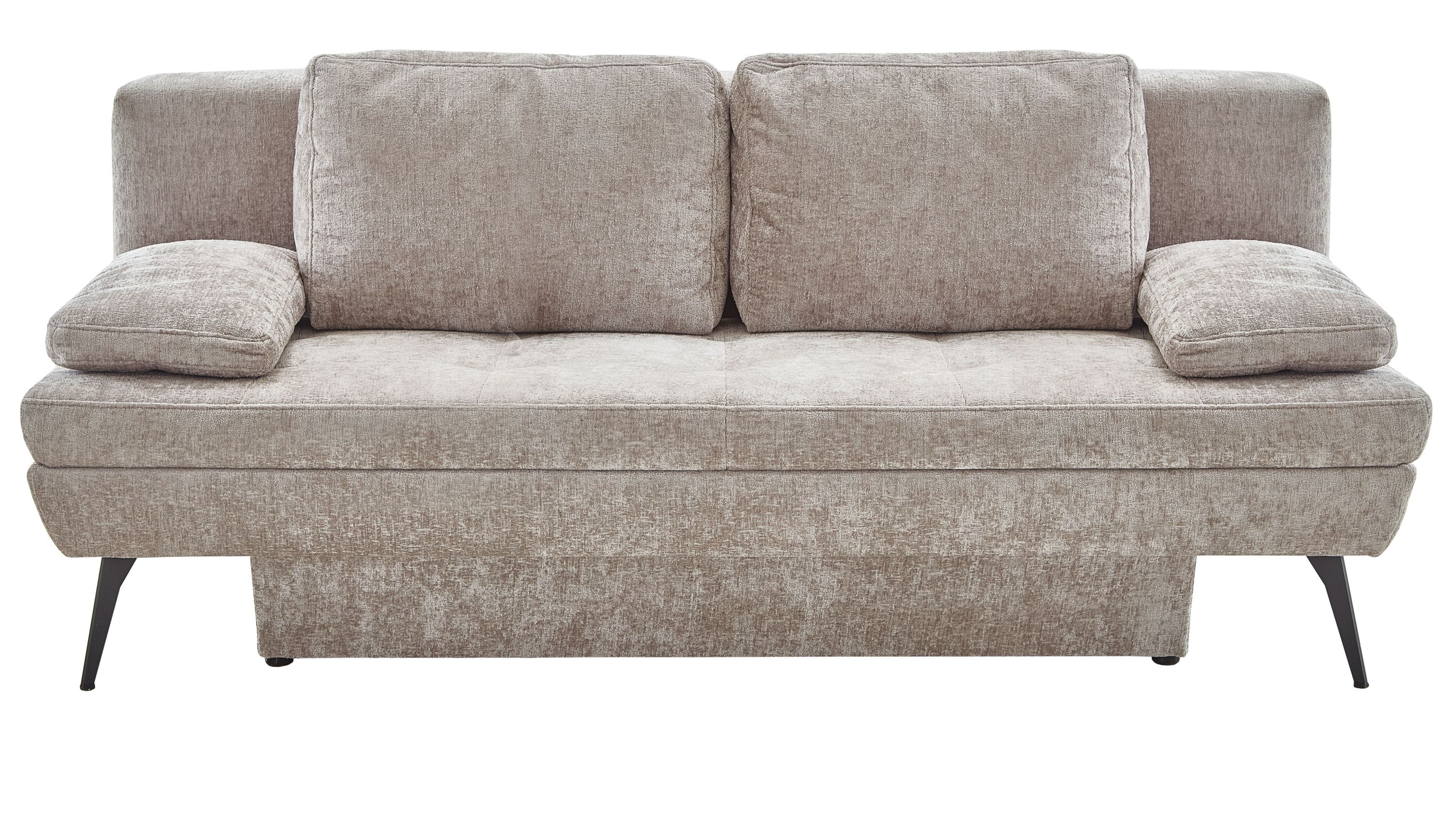 Schlafsofa mit taupefarbenem Bezug und schwarzen Metallfüßen Schlafsofa mit taupefarbenem Stoffbezug zwei Rückenkissen und schwarzen Metallfüßen