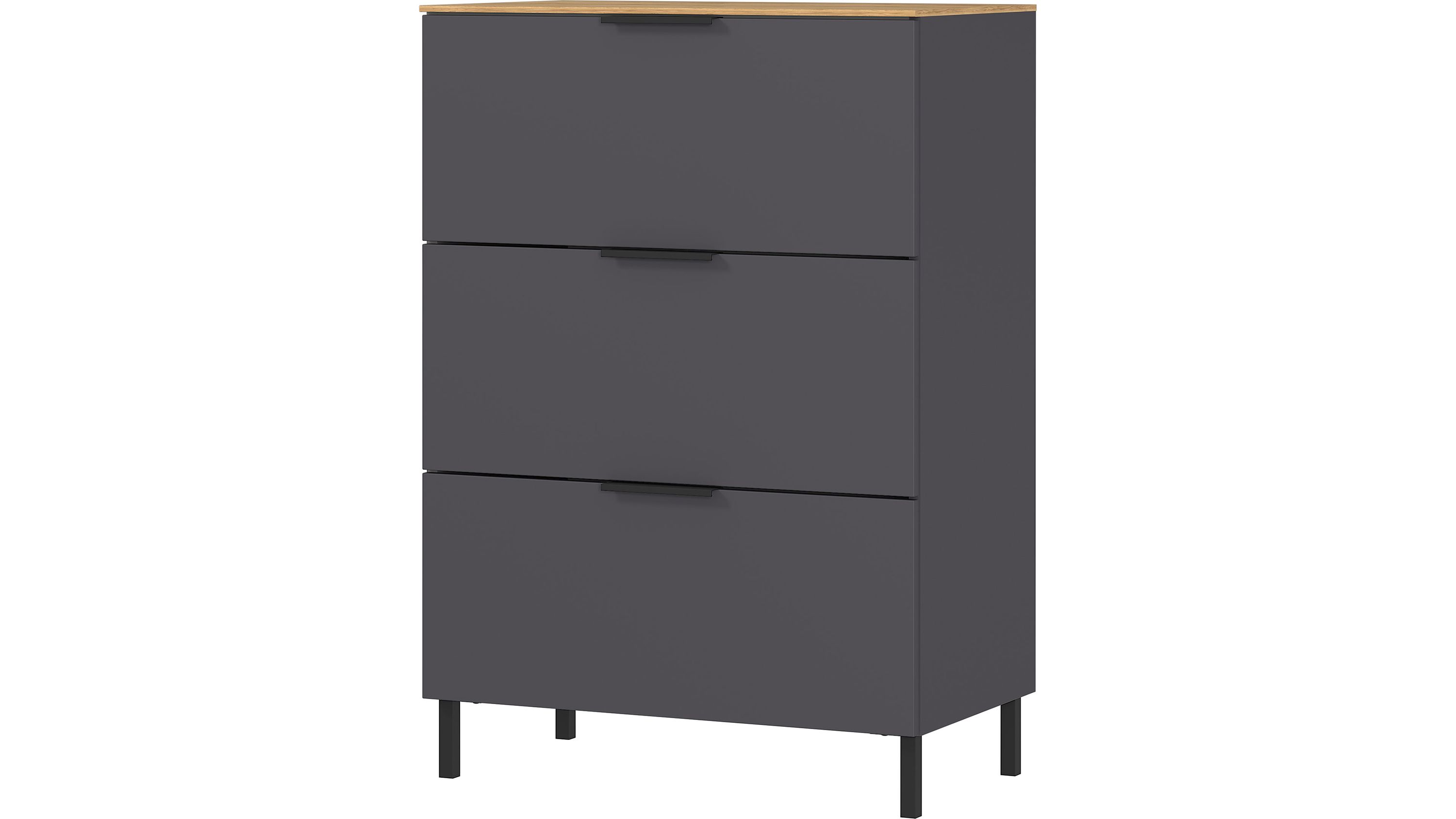 Kommode mit drei Schubladen in Grau und Holzoptik Dreischubladige Kommode in dunklem Grau mit Holzfarbener Ablagefläche und schwarzen Griffen
