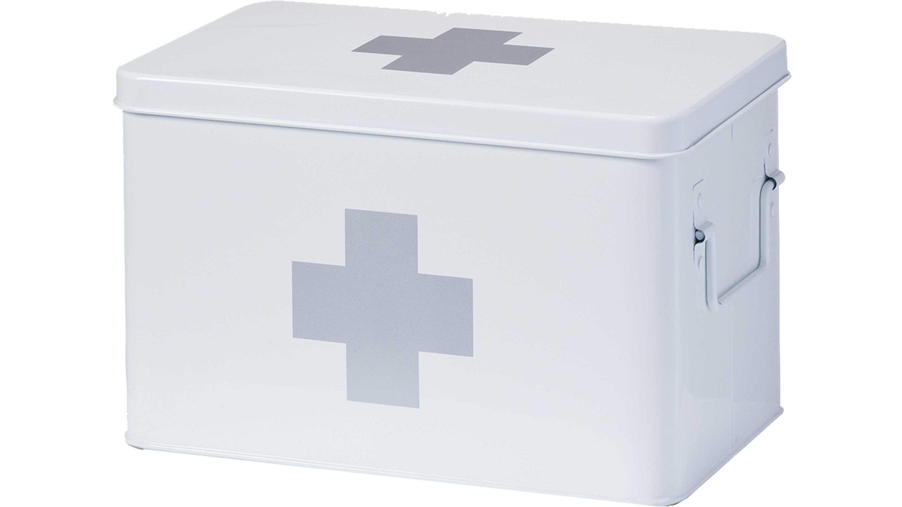 Weiße Metall-Medizinbox mit grauem Kreuz und Griffen Weiße rechteckige Metallbox mit grauem Kreuz auf Deckel und Vorderseite und seitlichen Griffen