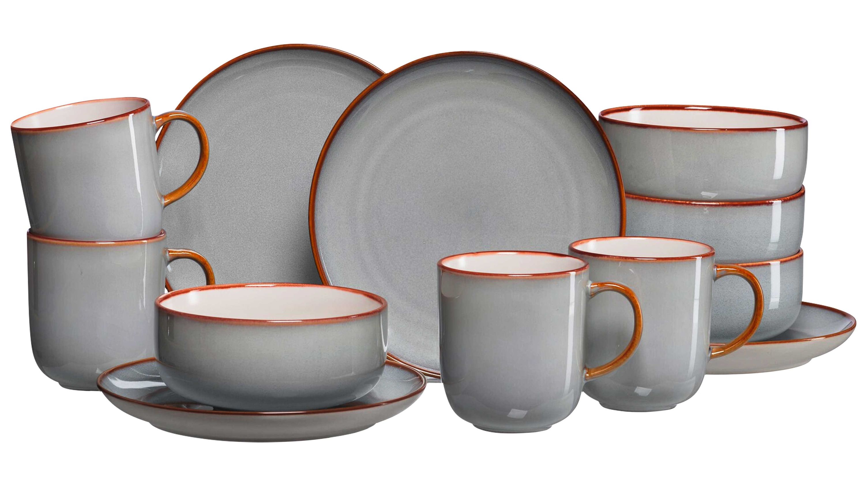 Graues Geschirrset mit Tassen Schalen und Tellern mit braunem Rand