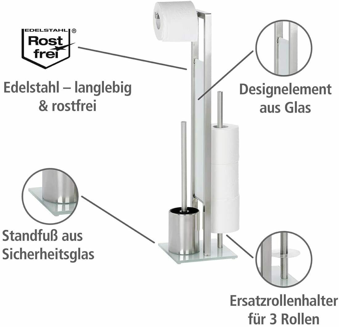 Funktionsansicht silberne WC-Garnitur mit Edelstahlgestell Glas-Standfuß WC-Bürstenhalter offenem Papierhalter