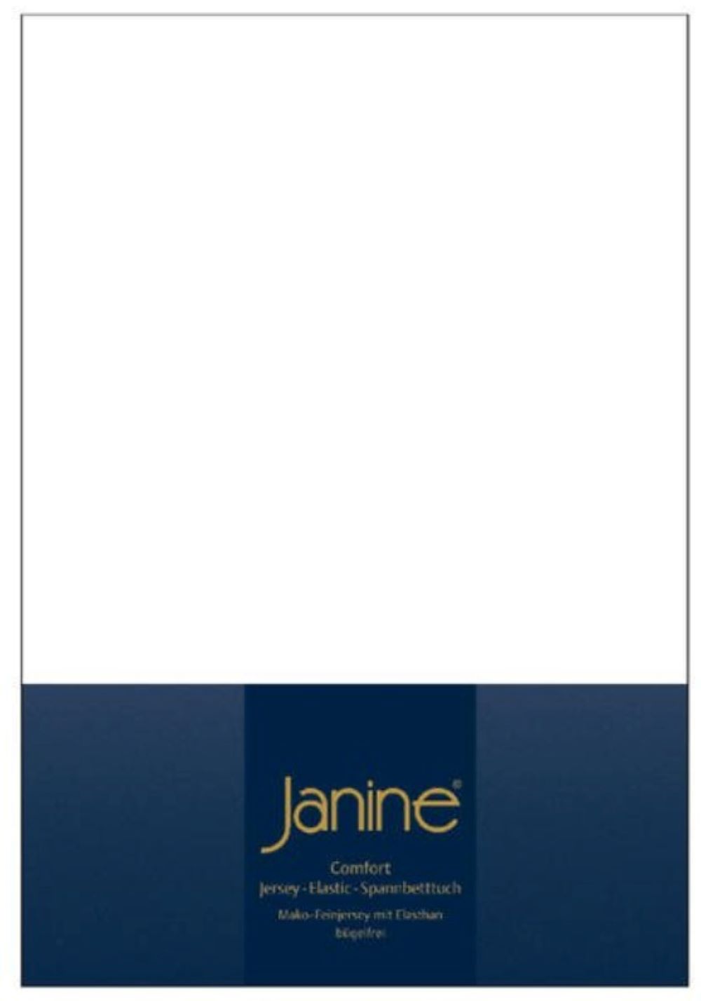 Weißes Topper-Spannbetttuch in blauer Verpackung mit goldener Janine-Aufschrift frontal leicht von oben