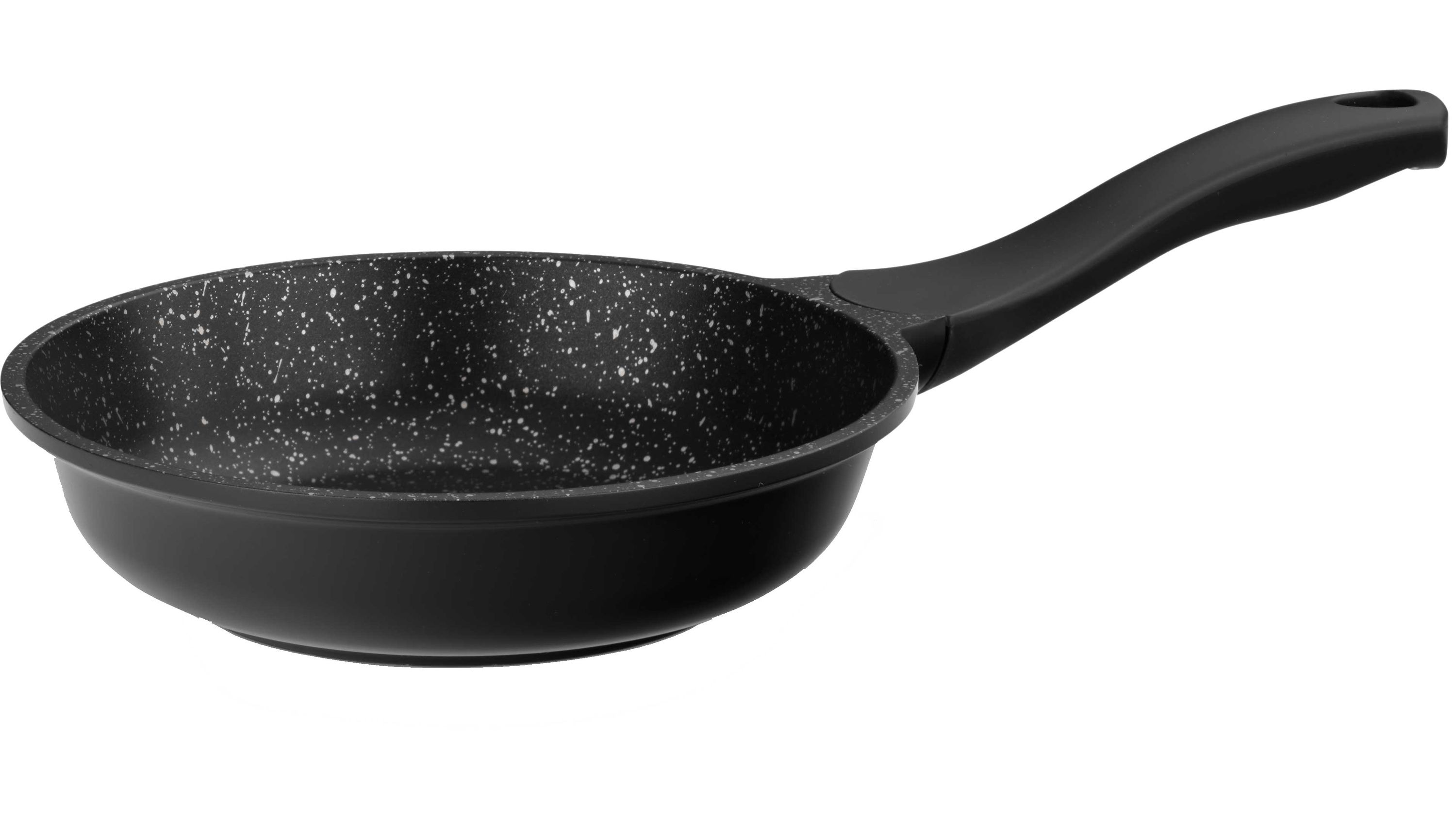 Runde schwarze Bratpfanne mit langem Griff und weißer Sprenkelung innen