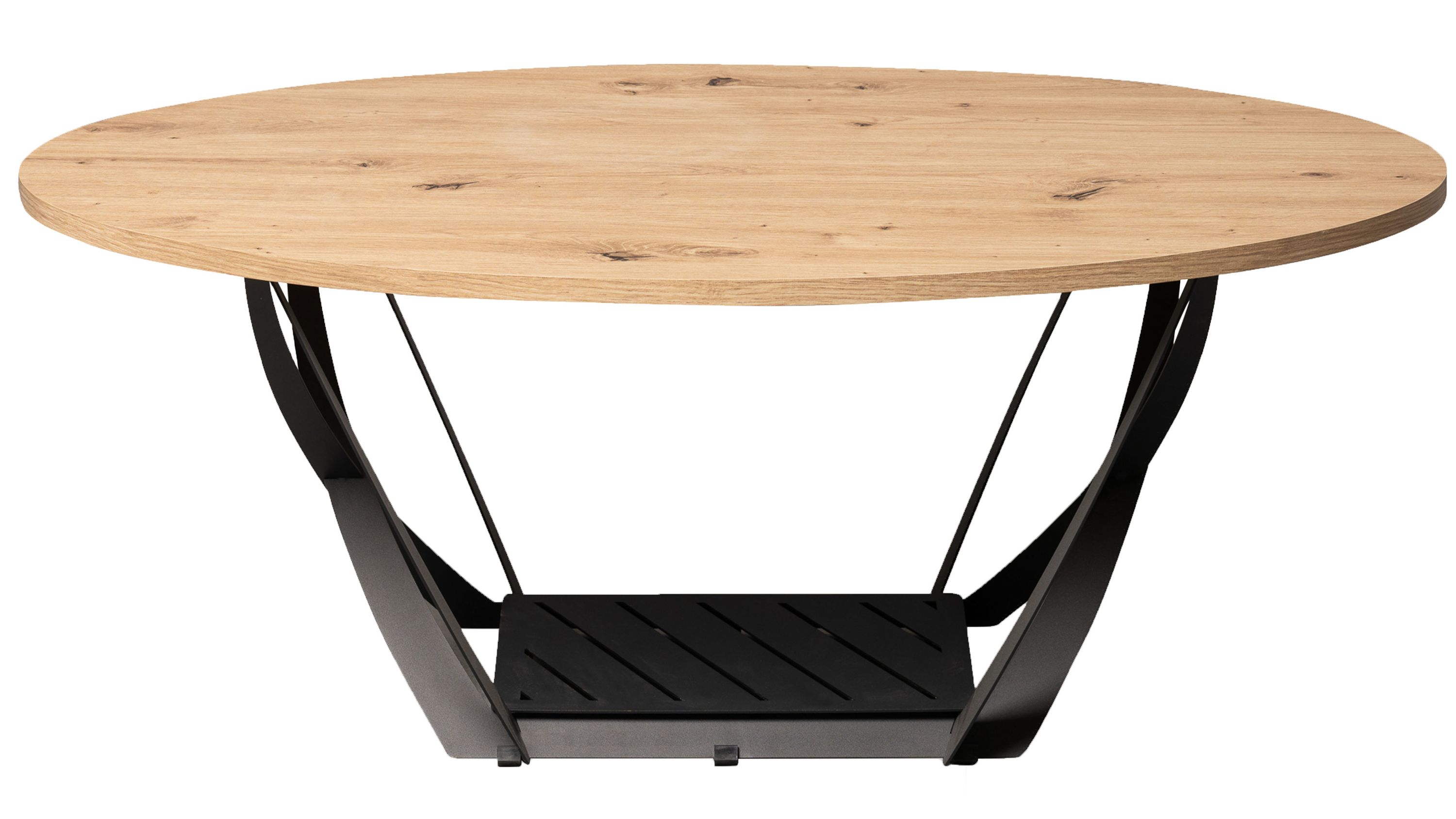 Runder Couchtisch mit Holzplatte und schwarzem Gestell Runder Couchtisch mit hellem Holzfarbton und schwarzem Metallgestell mit Ablage