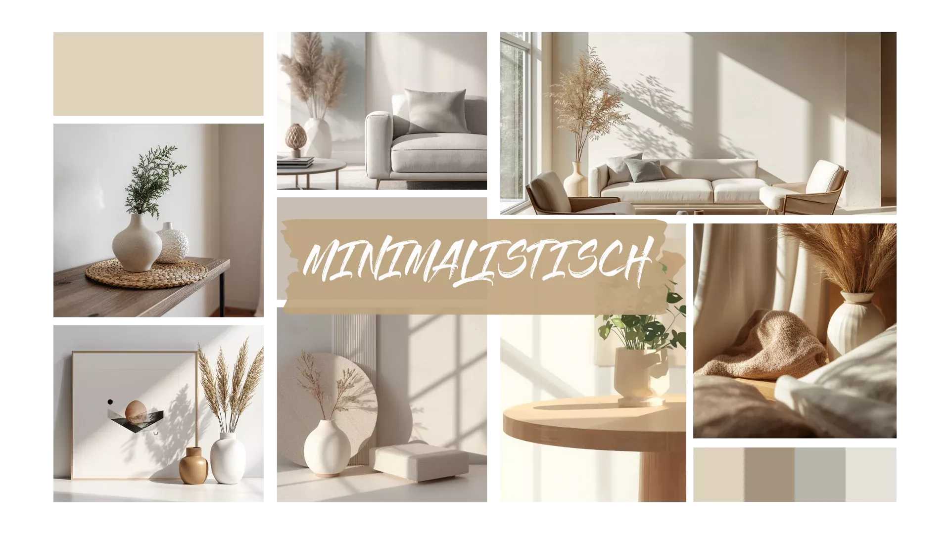 Collage im minimalistischen Stil mit schlichtem Wohnzimmer, neutralen Farben, wenigen Deko-Elementen, hellen Vasen, Pflanzen und klaren Linien in Beige und Weiß