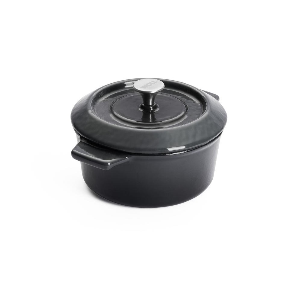 Mini-Kasserolle in Carbon Grey mit Griffen und Deckel leicht erhöht von oben links aufgenommen auf weißem Hintergrund