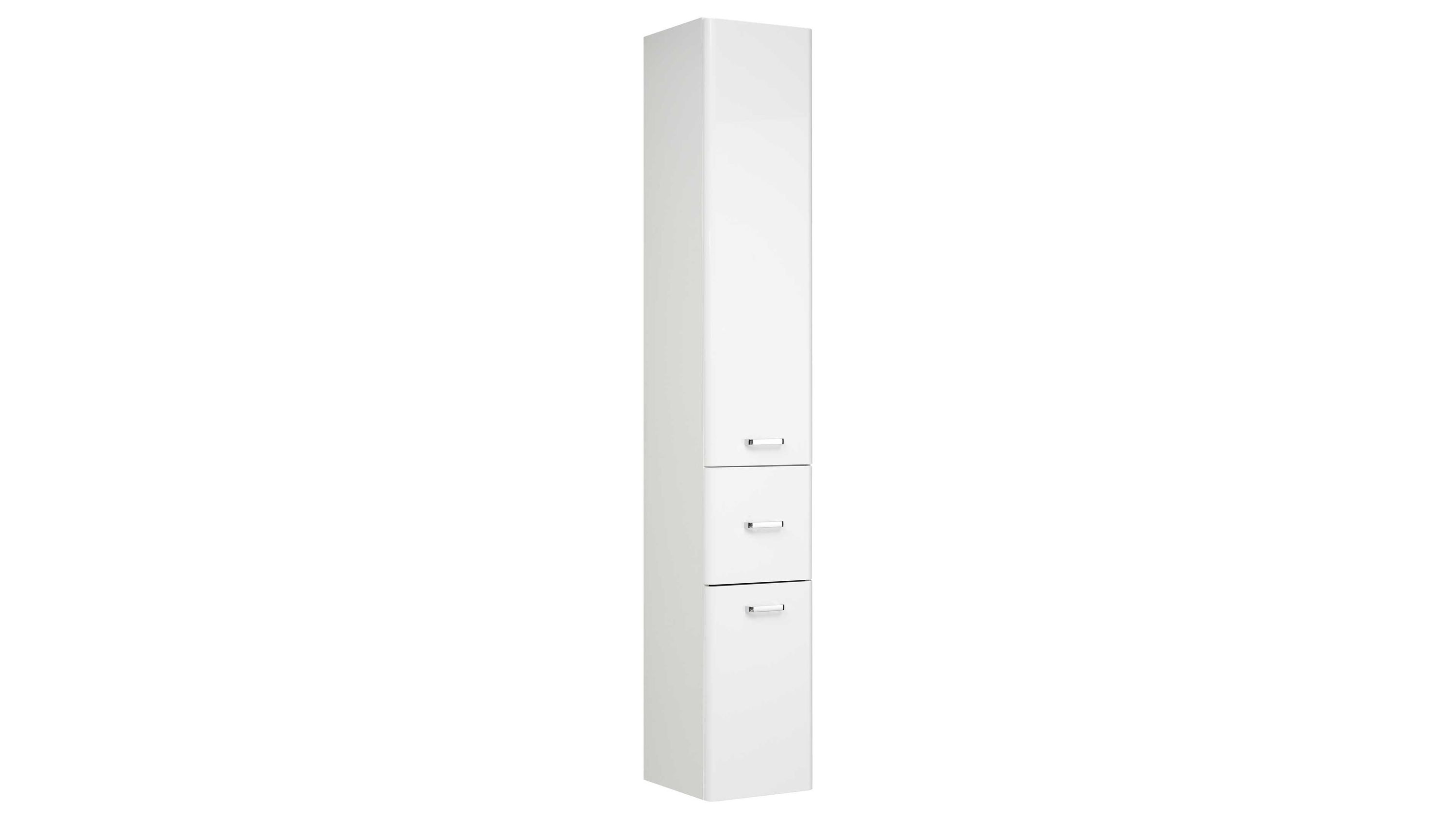 Weißer Hochschrank mit zwei Türen und einer Schublade mit Metallgriffen