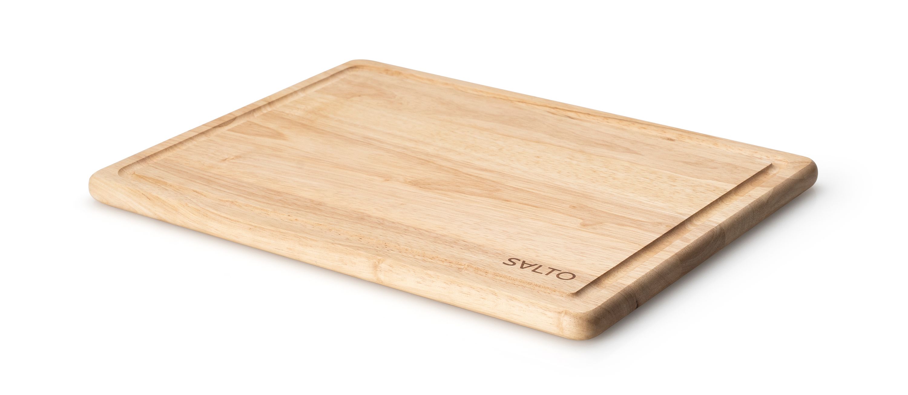 Rechteckiges Tranchierbrett aus hellem Holz mit umlaufender Saftrille, schräg aufgenommen