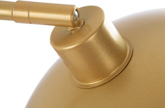 Frontal fotografierte Stehlampe aus goldfarbenem Aluminium mit glattem Schirm und schlankem  zylindrischem Fuß
