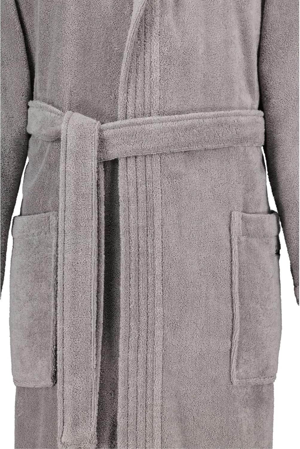 Herren-Bademantel grau Steinoptik Kapuze Gürtel zwei Fronttaschen Vorderansicht frontal weißer Hintergrund