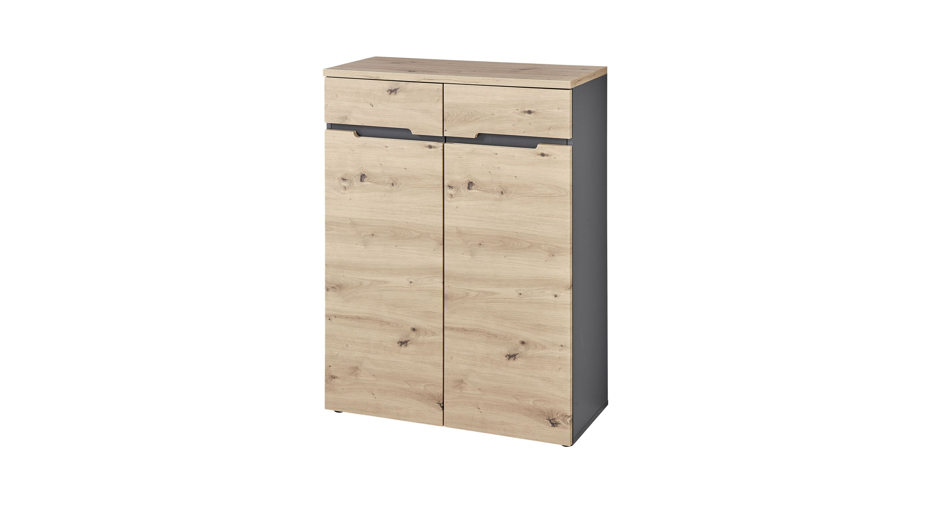 Kommode mit Schubladen und Türen in Holzoptik und dunklem Korpus Kommode mit zwei Schubladen und zwei Türen in heller Holzoptik und dunklem Korpus