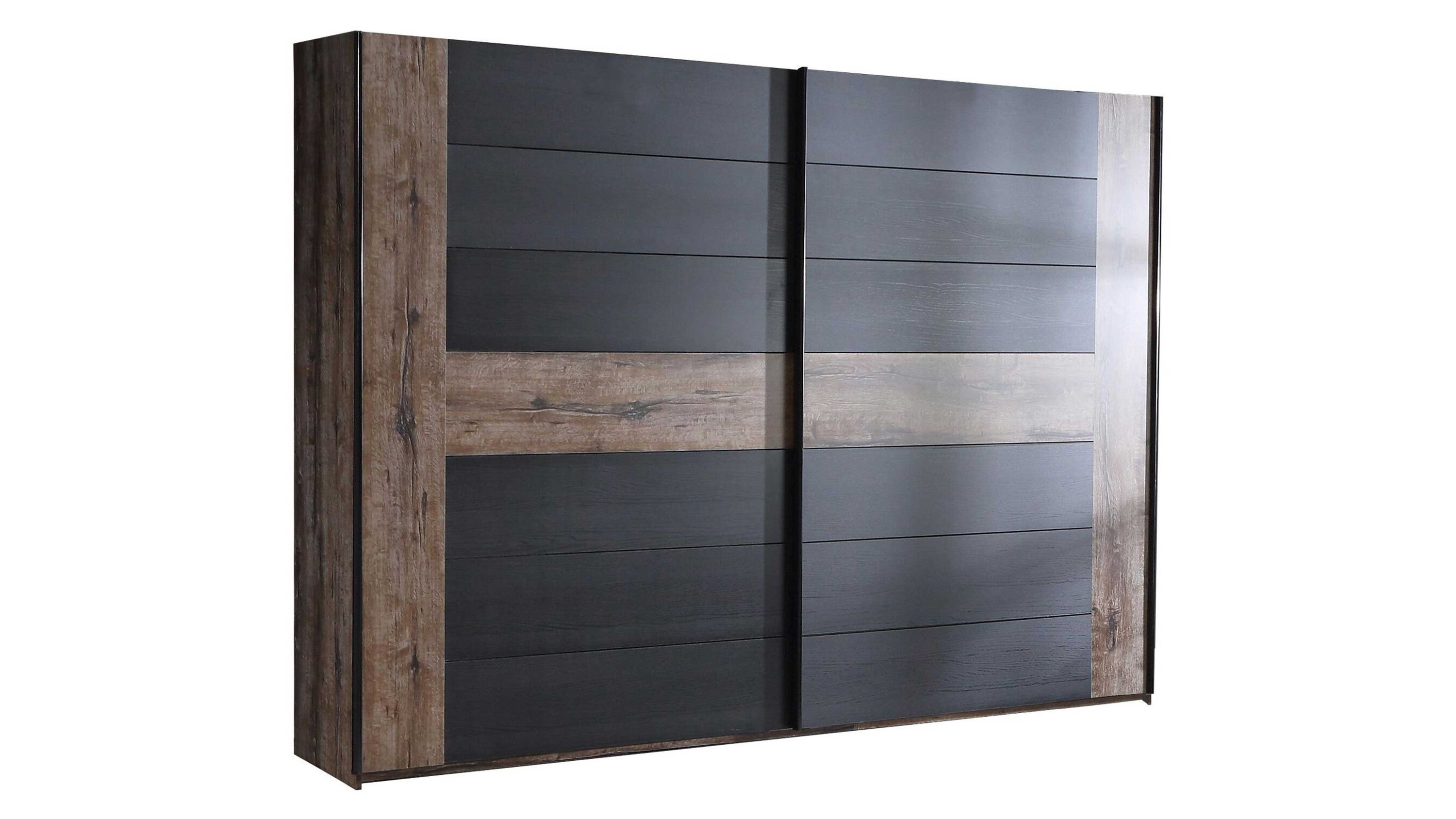 Schwebetürenschrank mit zwei Türen in dunklem Holz und schwarzer Oberfläche