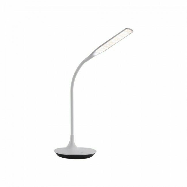Design-Tischlampe in weiß mit geschwungener Form auf weißem Hintergrund