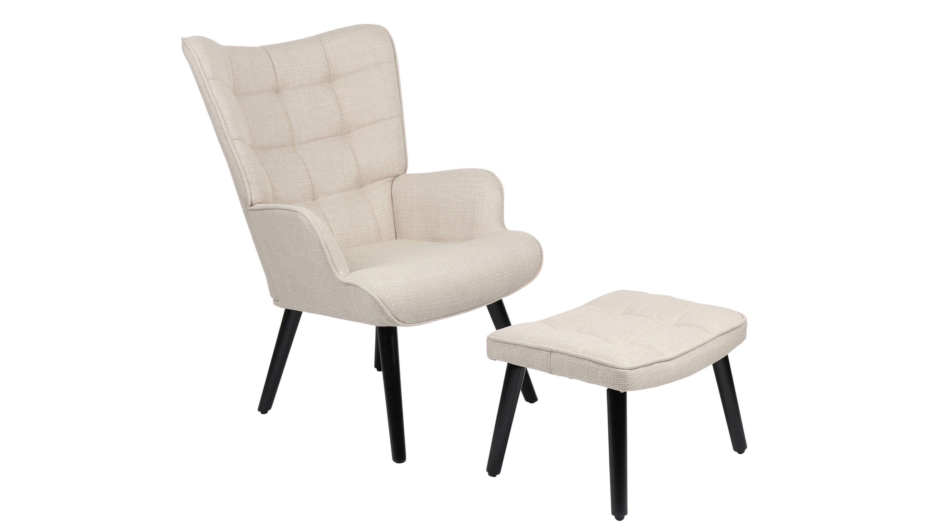 Beiger Sessel mit Hocker und schwarzem Holzgestell Beiger Sessel mit hoher Rückenlehne und schwarzem Holzgestell mit passendem Hocker