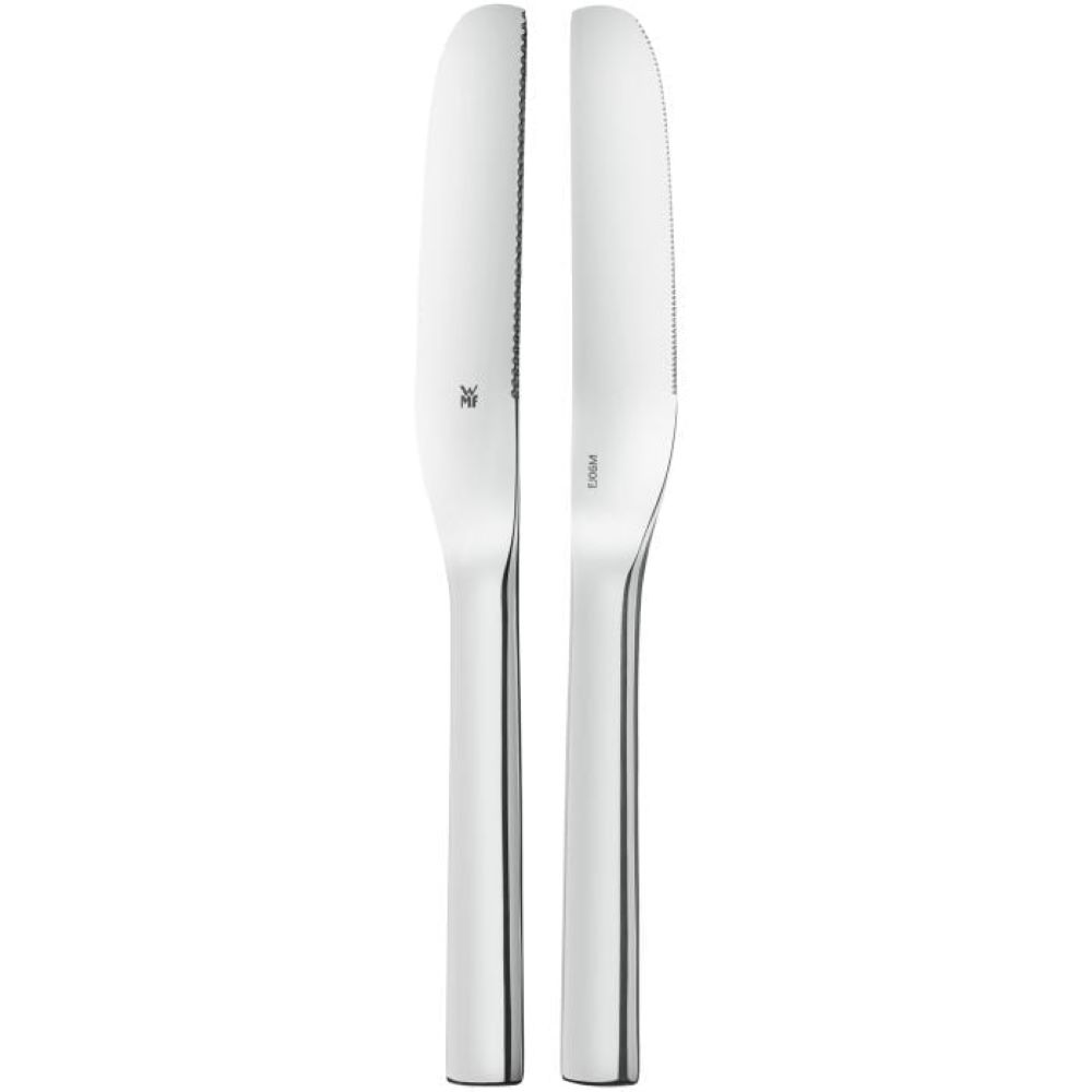 Zwei Edelstahl-Frühstücksmesser – silberfarbene Messer mit abgerundeter Klinge Zwei silberfarbene Frühstücksmesser aus Edelstahl mit abgerundeter Klinge nebeneinander liegend Klingen nach oben