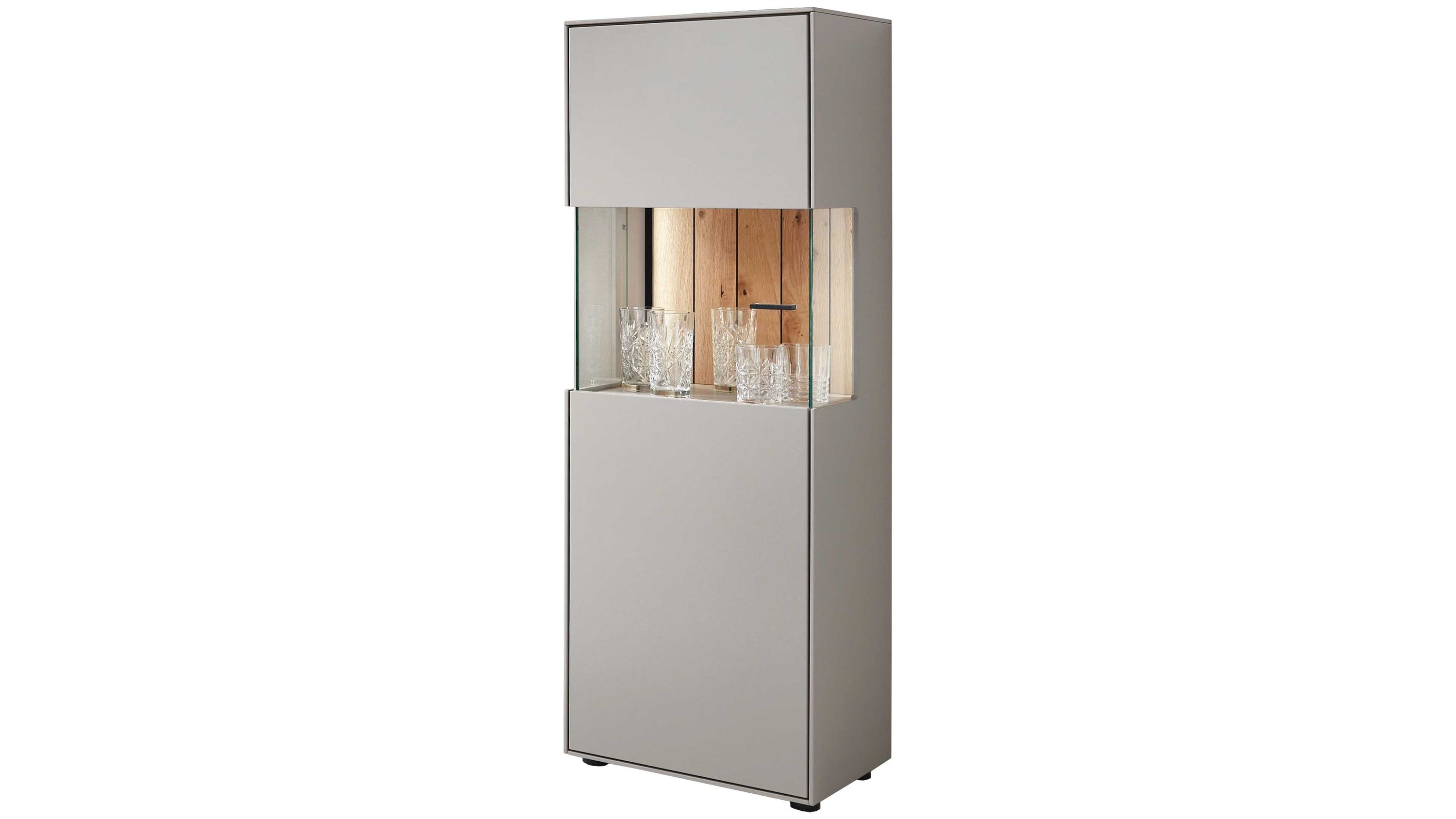 Hohe graue Highboard-Vitrine mit einer Tür und Glasfach Hohe graue Highboard-Vitrine mit einer Tür und einem beleuchteten Glasfach mit Gläsern