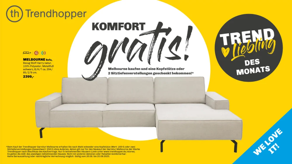 Trendhopper Melbourne Ecksofa in Beige, Preis 2399€, modernes Polstermöbel für Wohnzimmer. Aktionsangebot: gratis Kopfstütze oder Sitztiefenverstellung inklusive, ausgezeichnet als Trend-Liebling des Monats.