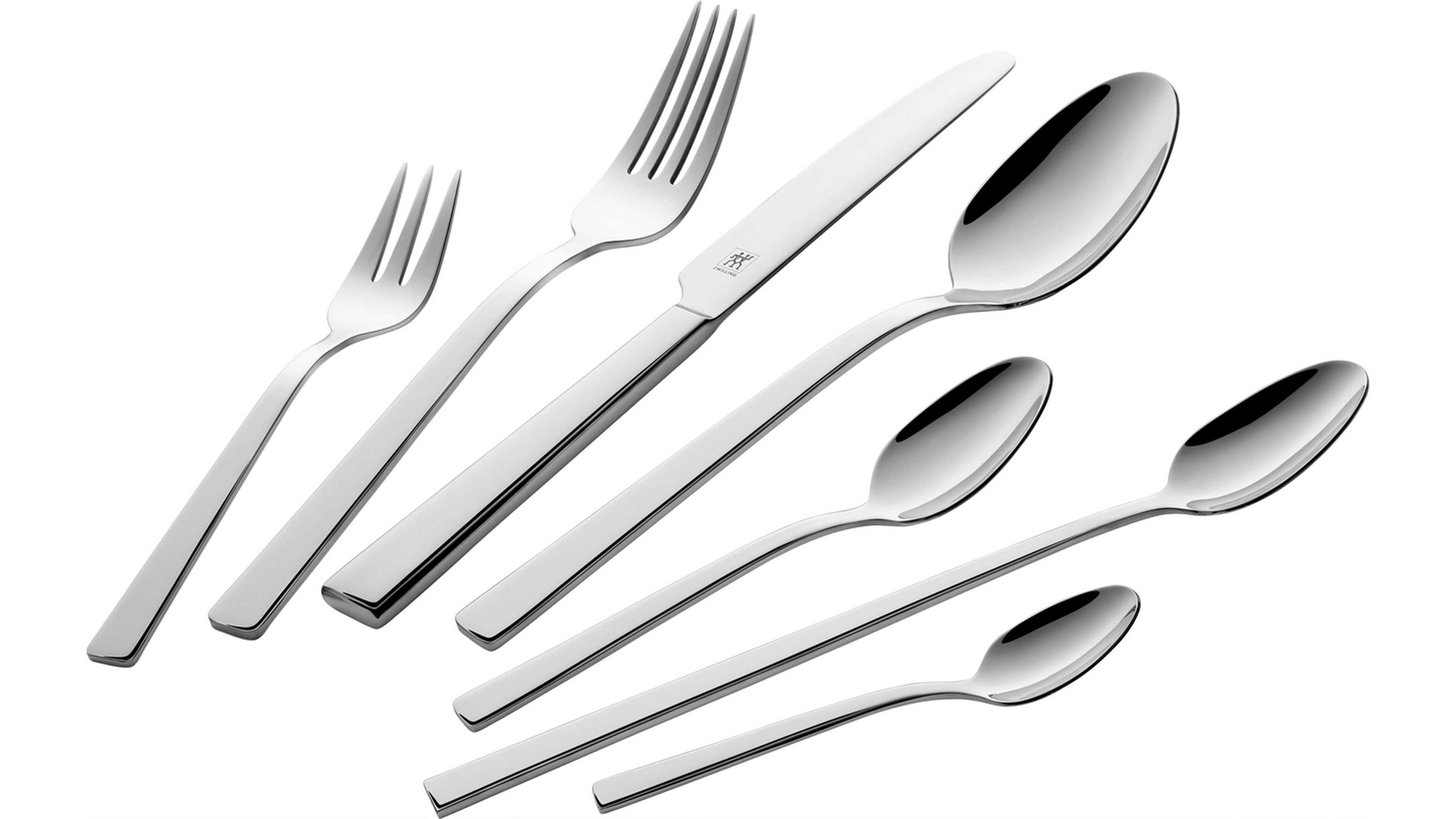 Besteckset aus Messer Gabeln und Löffeln in schlichtem Design aus glänzendem Metall