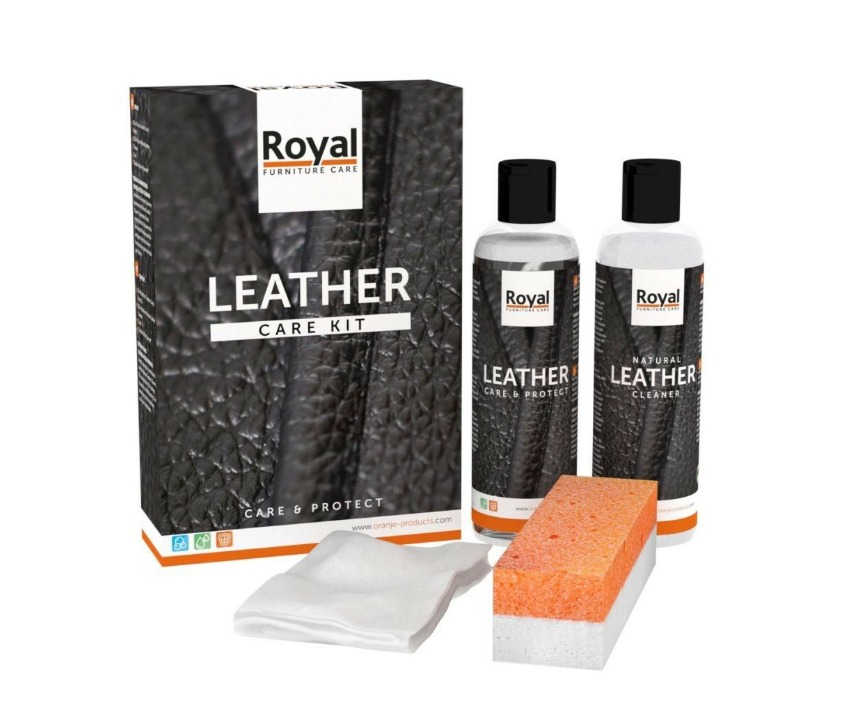 Frontalansicht des Oranje Royal Lederpflegesets mit zwei Flaschen Leather Box Royal Leather Schwamm & Tuch