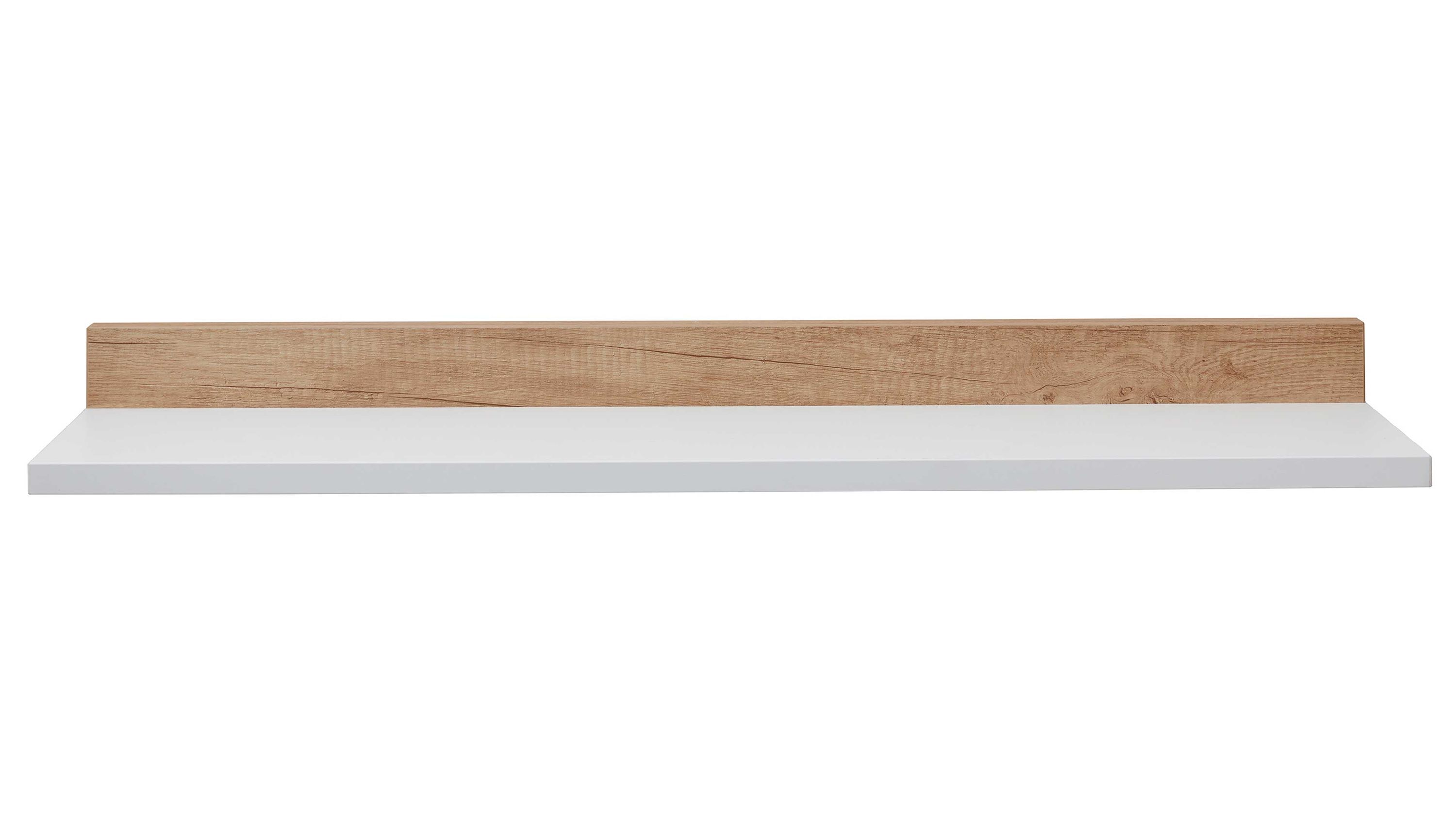 Wandregal mit weißem Ablageboden und braunem Rückwandpaneel in Holzoptik