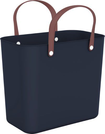 Dunkelblaue Multibag Albula Midnight Aufbewahrungsbox in Ansicht von leicht links mit zwei braunen Griffen