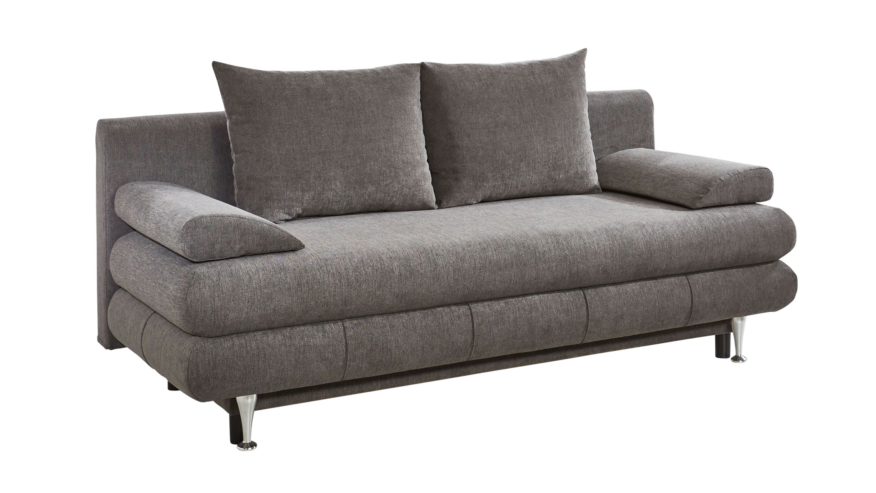 Schlafsofa mit taupefarbenem Stoffbezug zwei Rückenkissen breiten Armlehnen und Metallfüßen