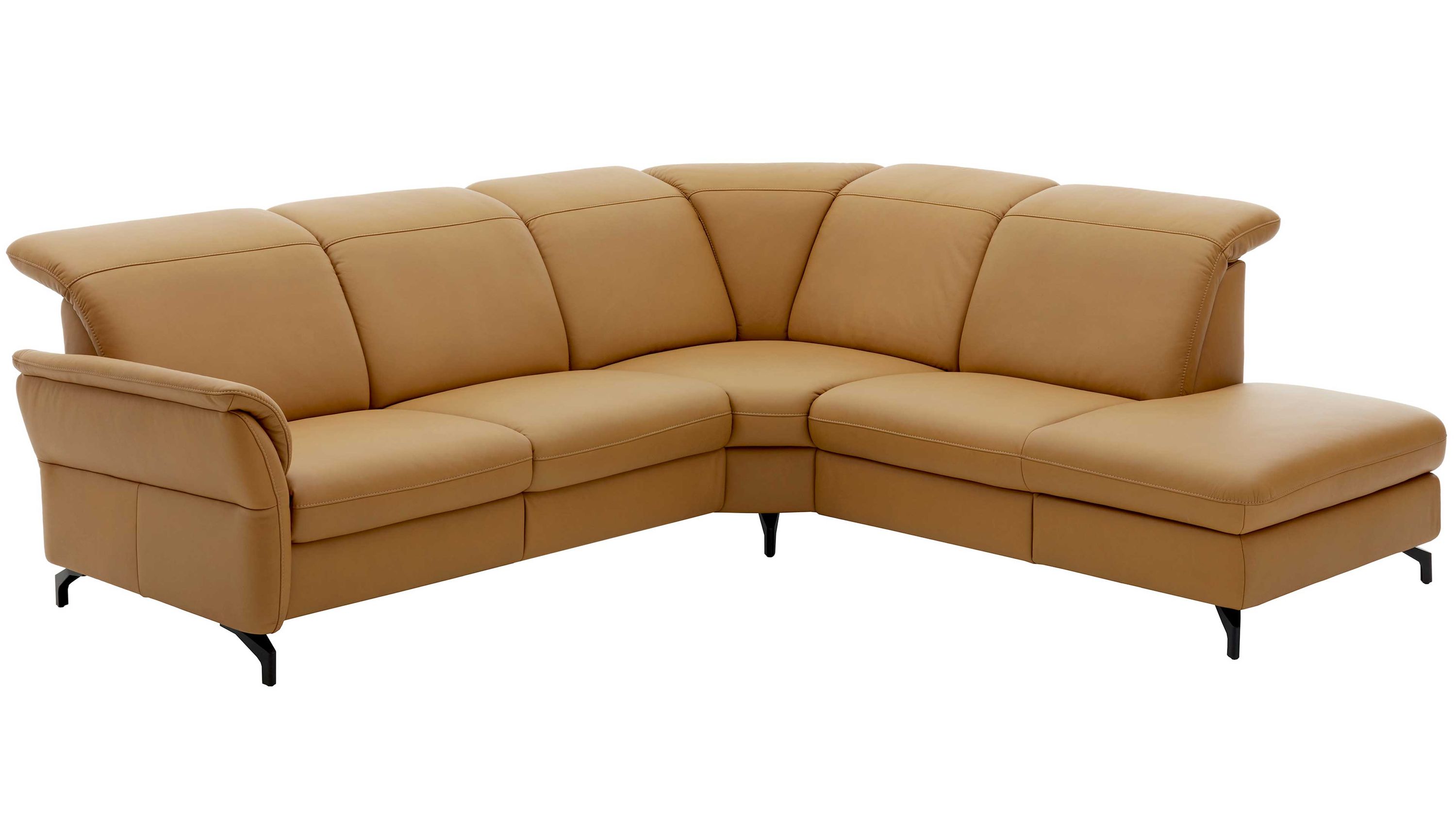 Ecksofa in senffarbenem Leder mit verstellbaren Rückenlehnen Ecksofa mit verstellbaren Rückenlehnen in senffarbenem Leder und schwarzen Füßen