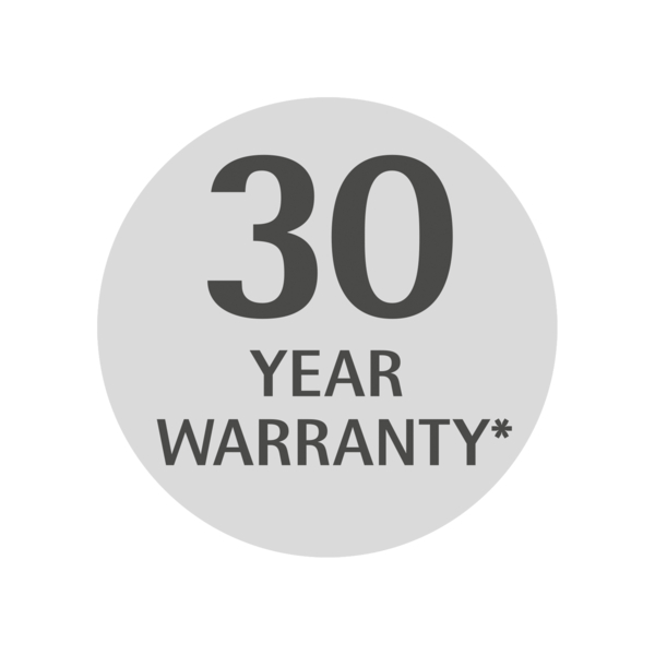 Ansicht eines runden Emblems mit schwarzer Schrift 30 YEAR WARRANTY auf neutralem Hintergrund