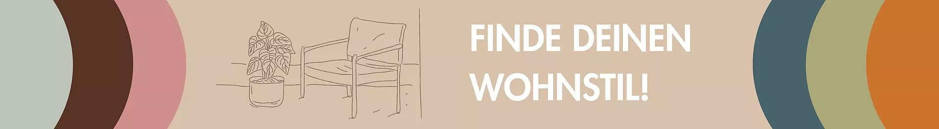 Grafischer Header mit Schriftzug „Finde deinen Wohnstil“, minimalistischer Illustration eines Stuhls und einer Pflanze sowie farbigen Kreiselementen in Beige, Braun und Grün