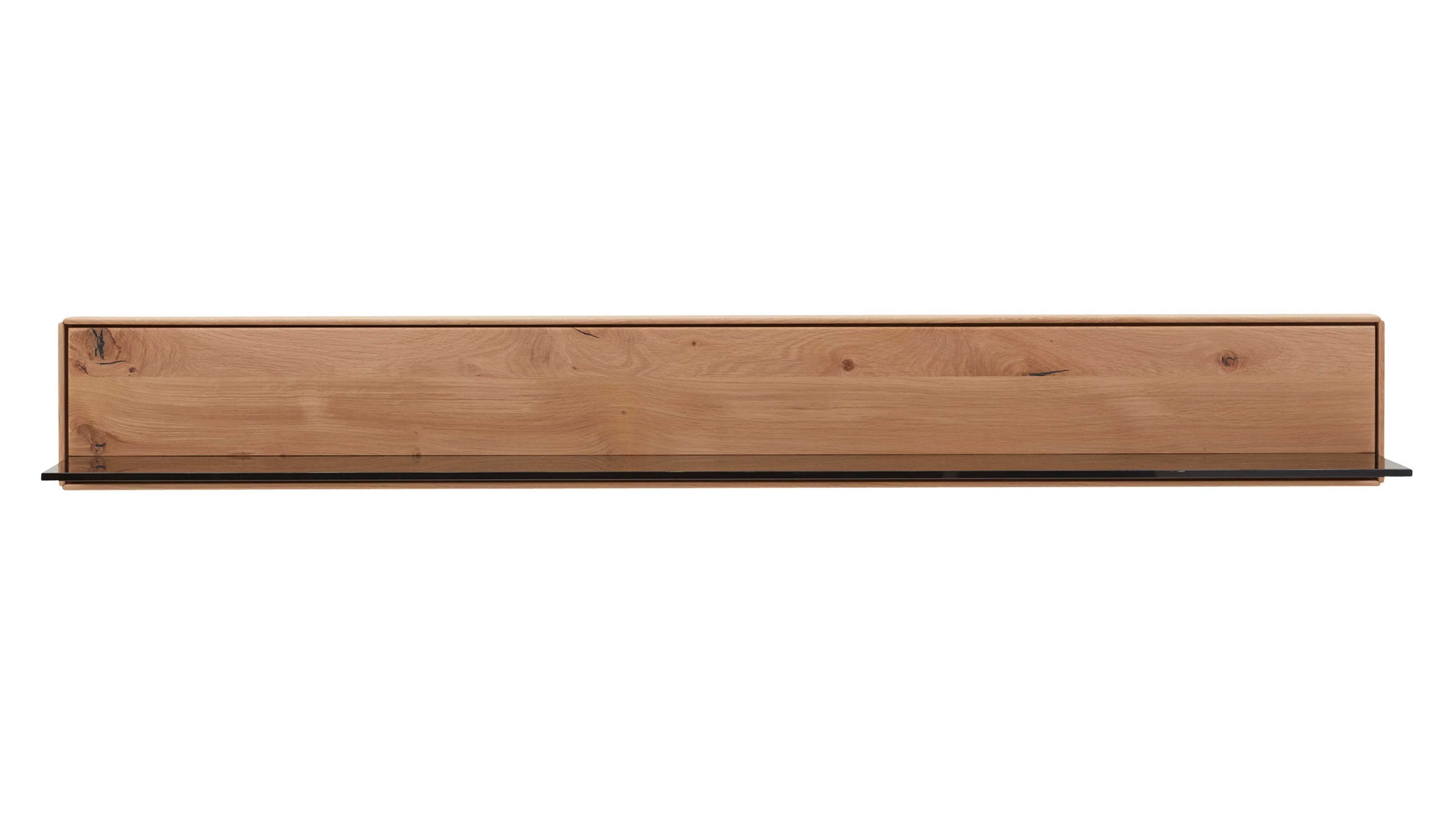 Rechteckiges Wandboard mit Holzfront in heller Farbe und schwarzem Ablageboden