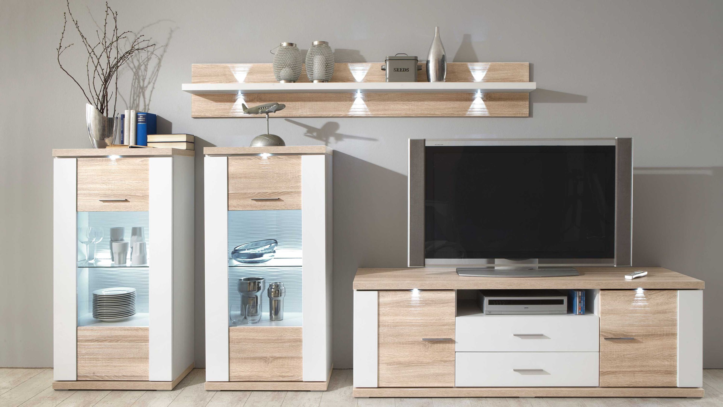 Vierteilige Wohnwand in Weiß und Eiche sägerau Vierteilige Wohnwand mit zwei Vitrinen TV-Möbel und Wandregal in weiß und hellbraun