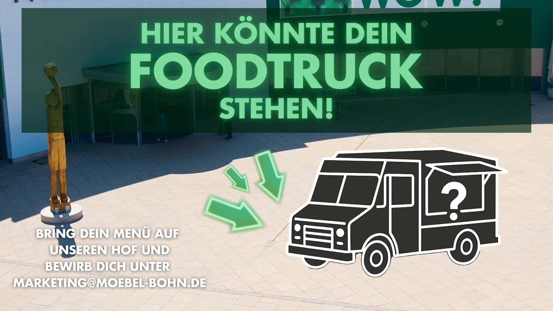 Hinweisbanner „Hier könnte dein Foodtruck stehen“ mit Lkw-Icon und Infos zur Genehmigung.