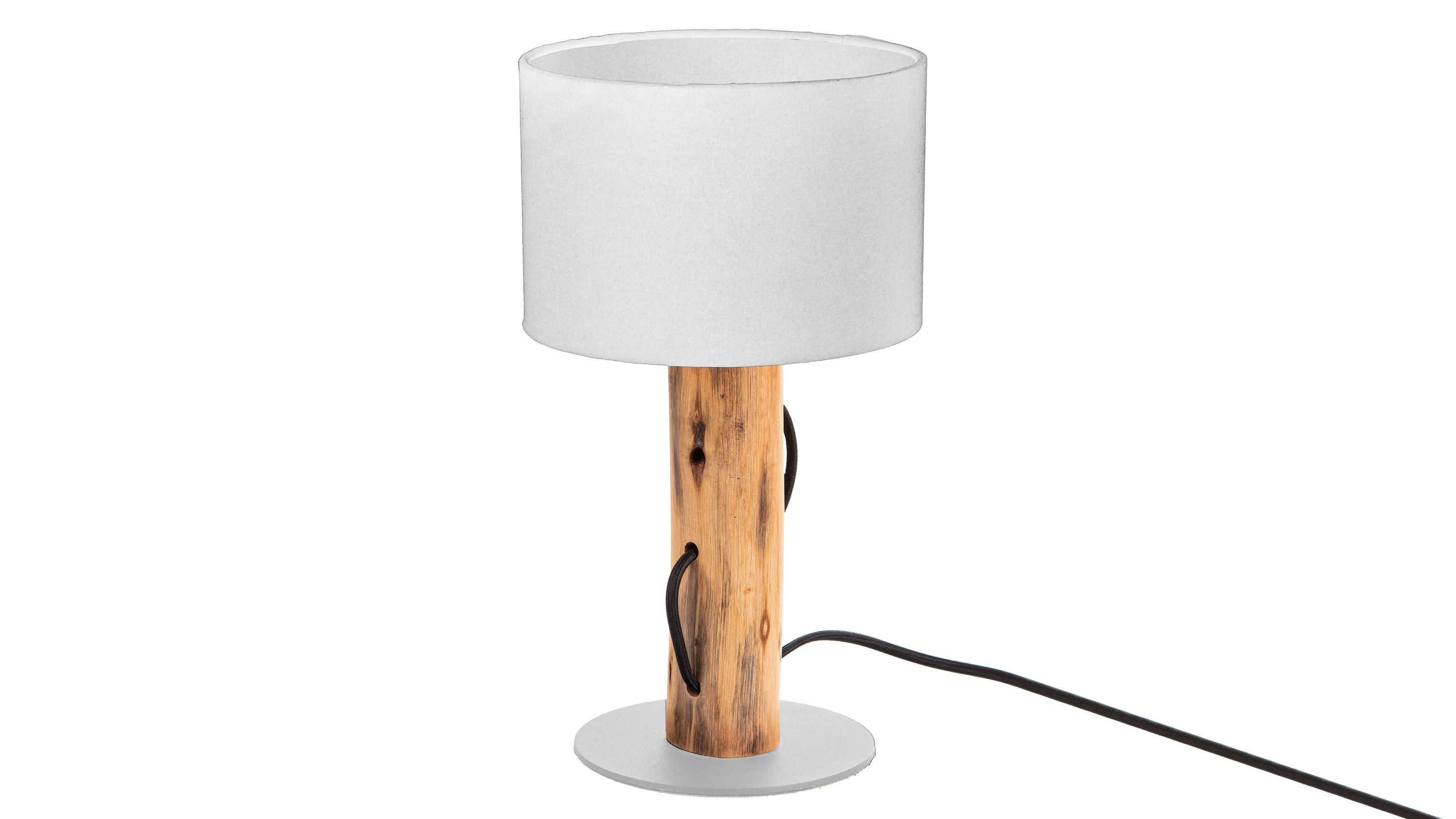 Tischlampe mit weißem Lampenschirm und Holzfuß Tischlampe mit rundem weißem Lampenschirm und zylindrischem Holzfuß in hellbrauner Farbe