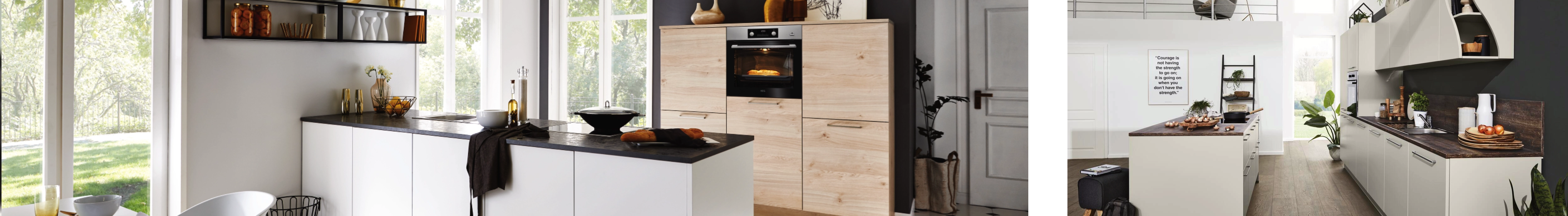 Moderne Küche mit Kochinsel, Holzfronten und weißen Schränken, dekoriert mit Pflanzen und Accessoires.