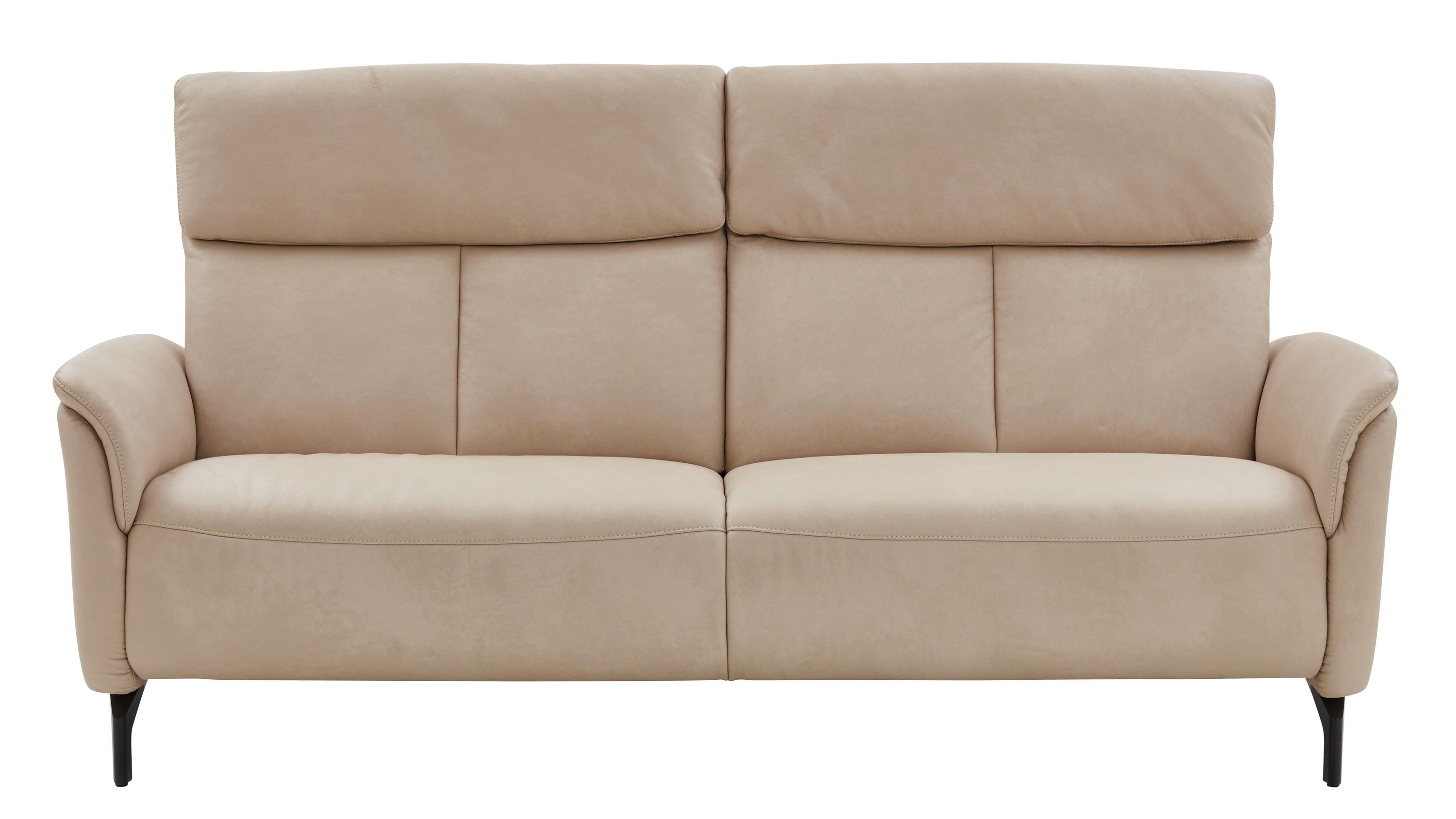 Zweisitziges Sofa mit hohen Rückenlehnen ecrufarbenem Lederbezug und schwarzen Metallfüßen