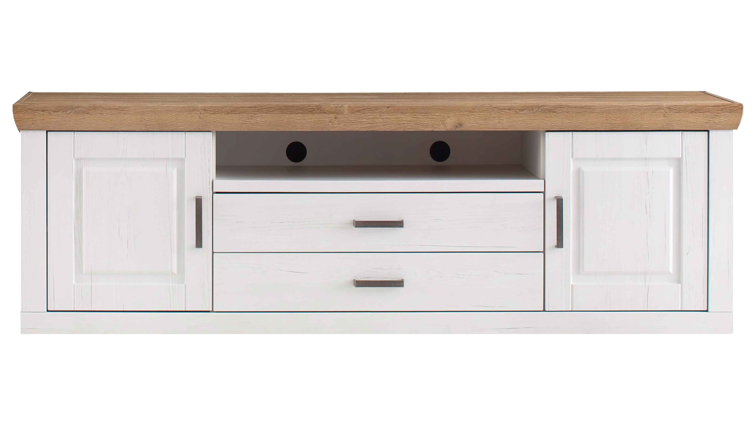 Lowboard mit Türen und Schubladen in weiß und hellbraun Rechteckiges Lowboard mit zwei Türen zwei Schubladen und offener Ablage in weiß und hellbraun