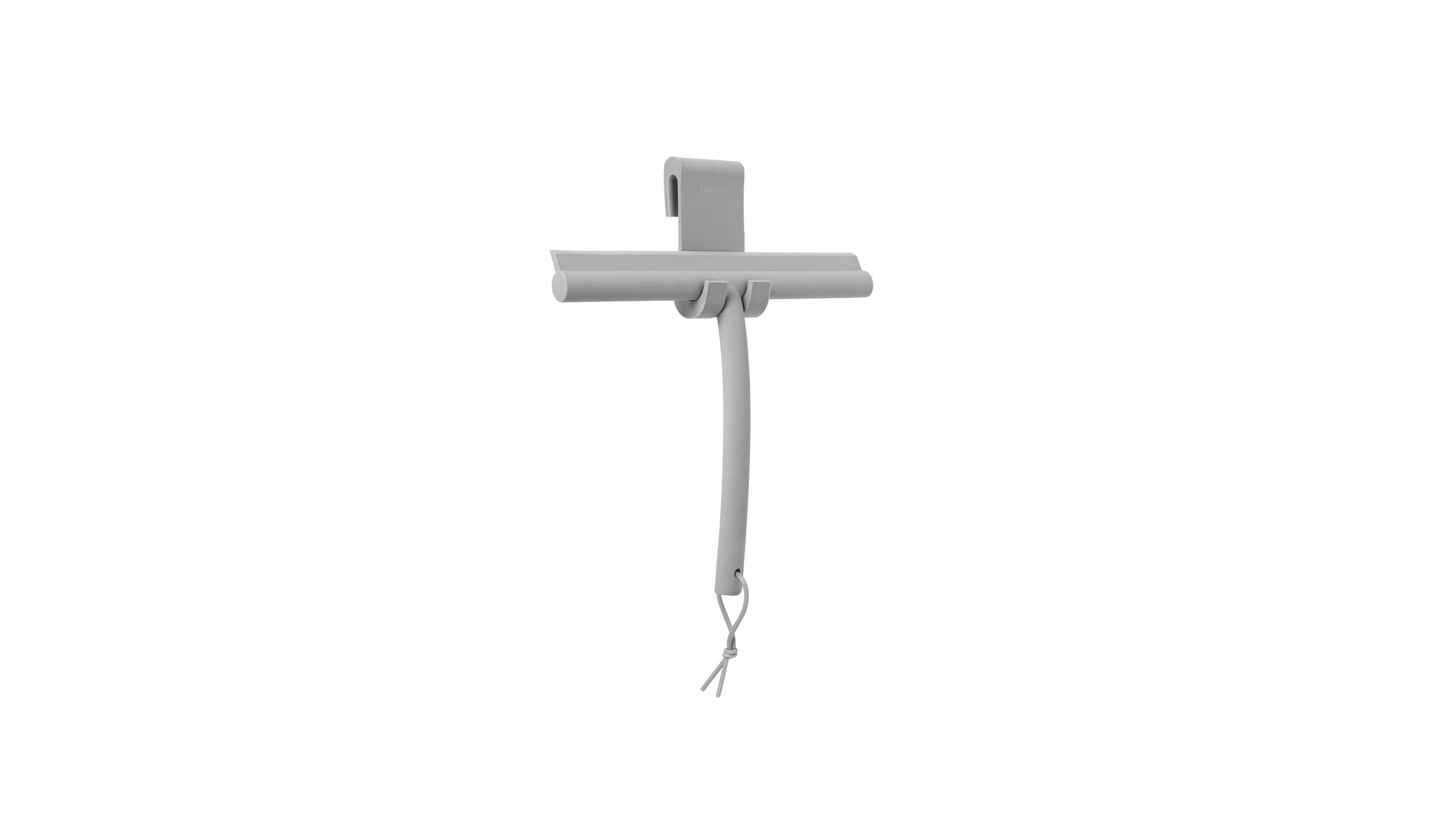 Grauer Duschwischer mit Haken und gebogenem Griff Grauer Duschwischer mit gebogenem Griff und Haken zum Aufhängen