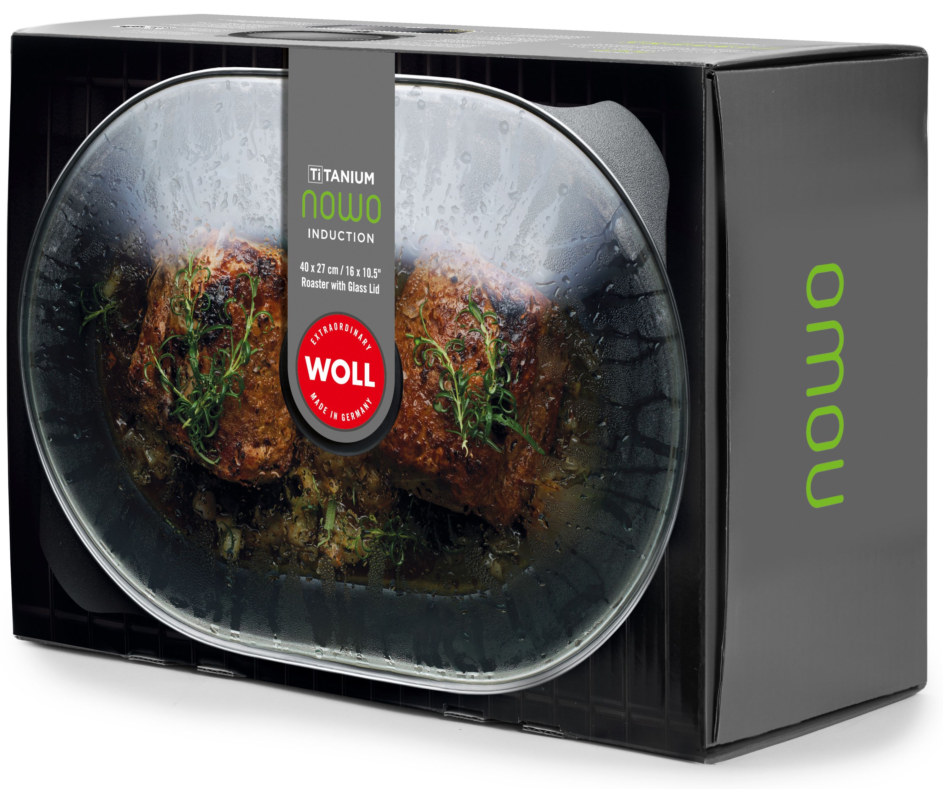 Frontalansicht schwarze Verpackung des WOLL Nowo Titanium Induktionsbräters mit Bild des Bräters & grünem "Nowo"-Schriftzug