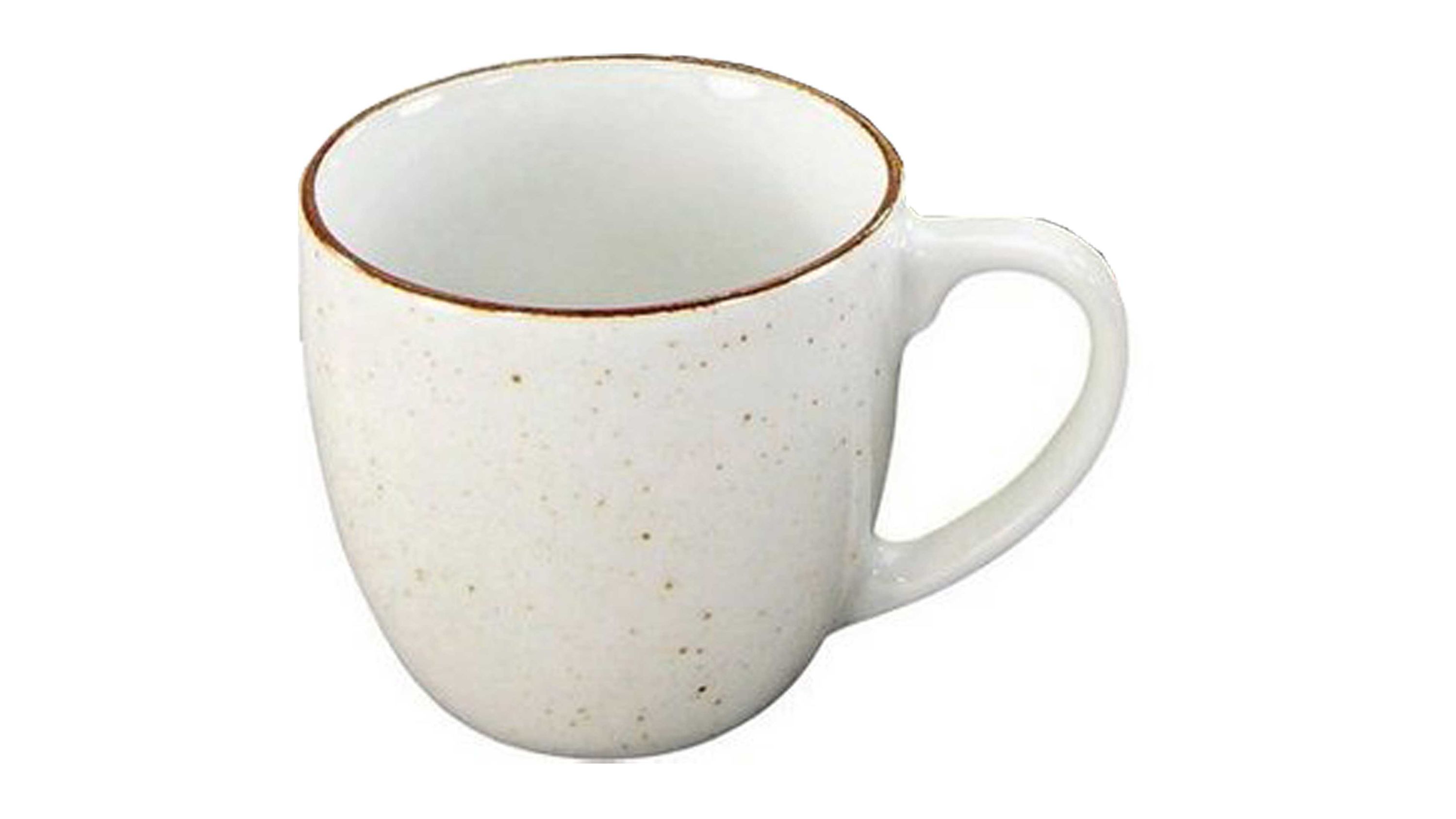 Weißer Kaffeebecher mit rundem Henkel und braunem Rand leicht gesprenkelt
