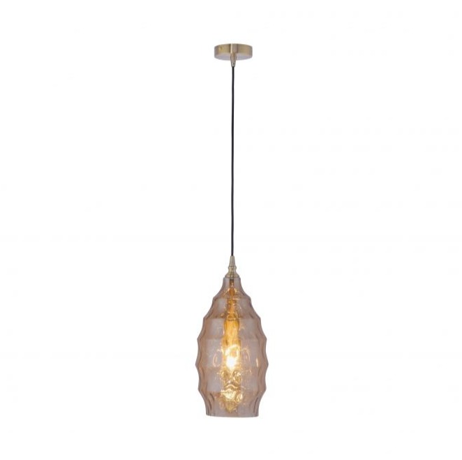 Pendelleuchte mit ovalem Glasschirm Leicht schräge Frontalansicht einer Pendelleuchte mit ovalem Glasschirm und sichtbarem Leuchtmittel vor heller Wand