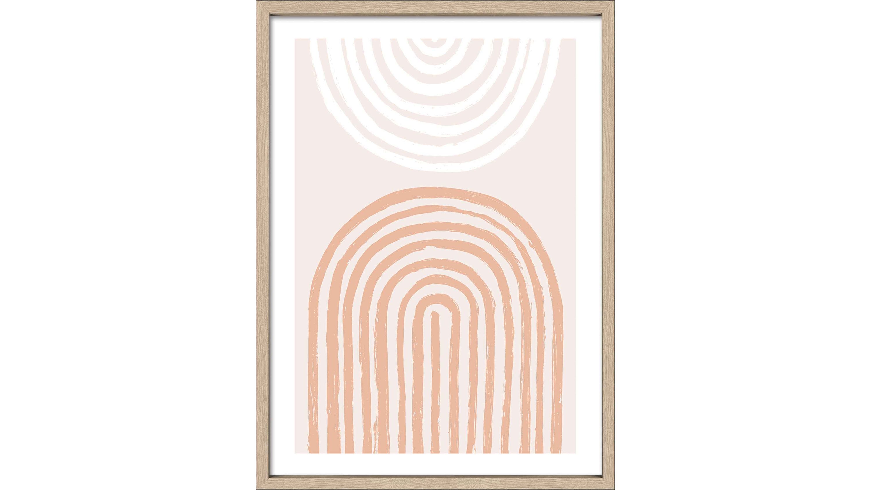 Kunstdruck mit abstrakten halbkreisförmigen Linien in weiß und apricot in hellem Rahmen